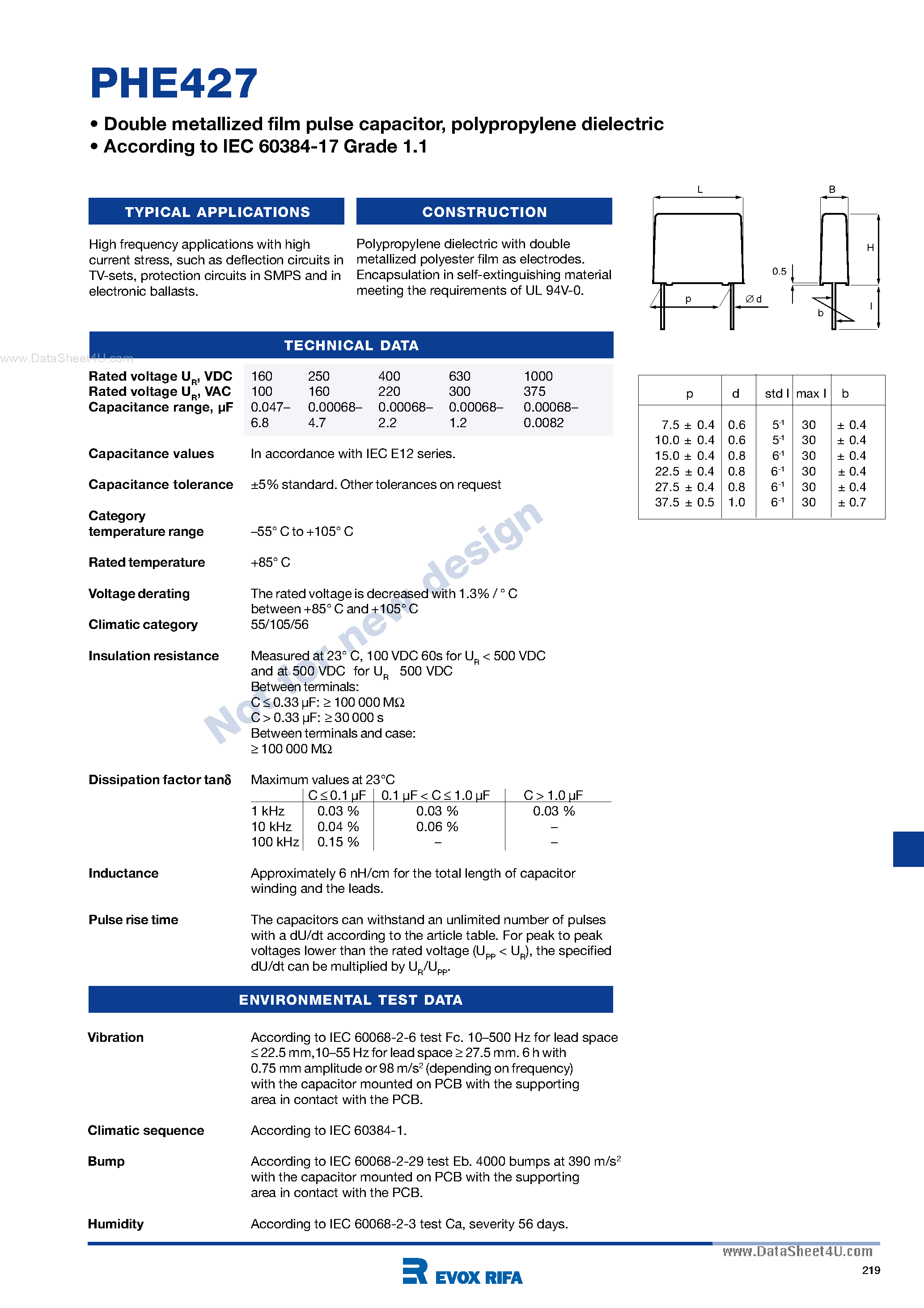 Datasheet PHE427 page 1 Datasheet PHE427 - Double metallized film pulse capacitor page 1