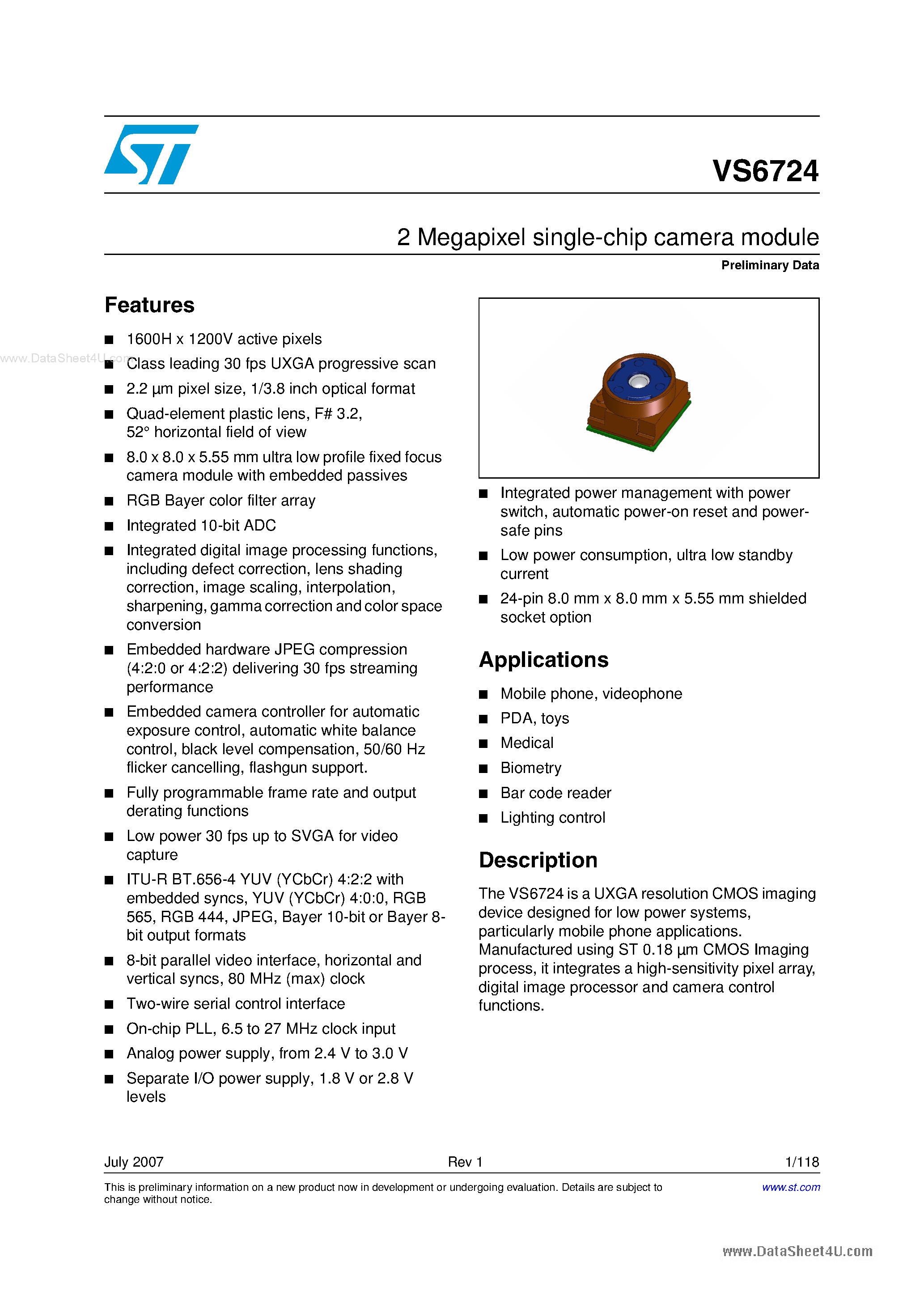 Datasheet VS6724 - 2 Megapixel single-chip camera module page 1