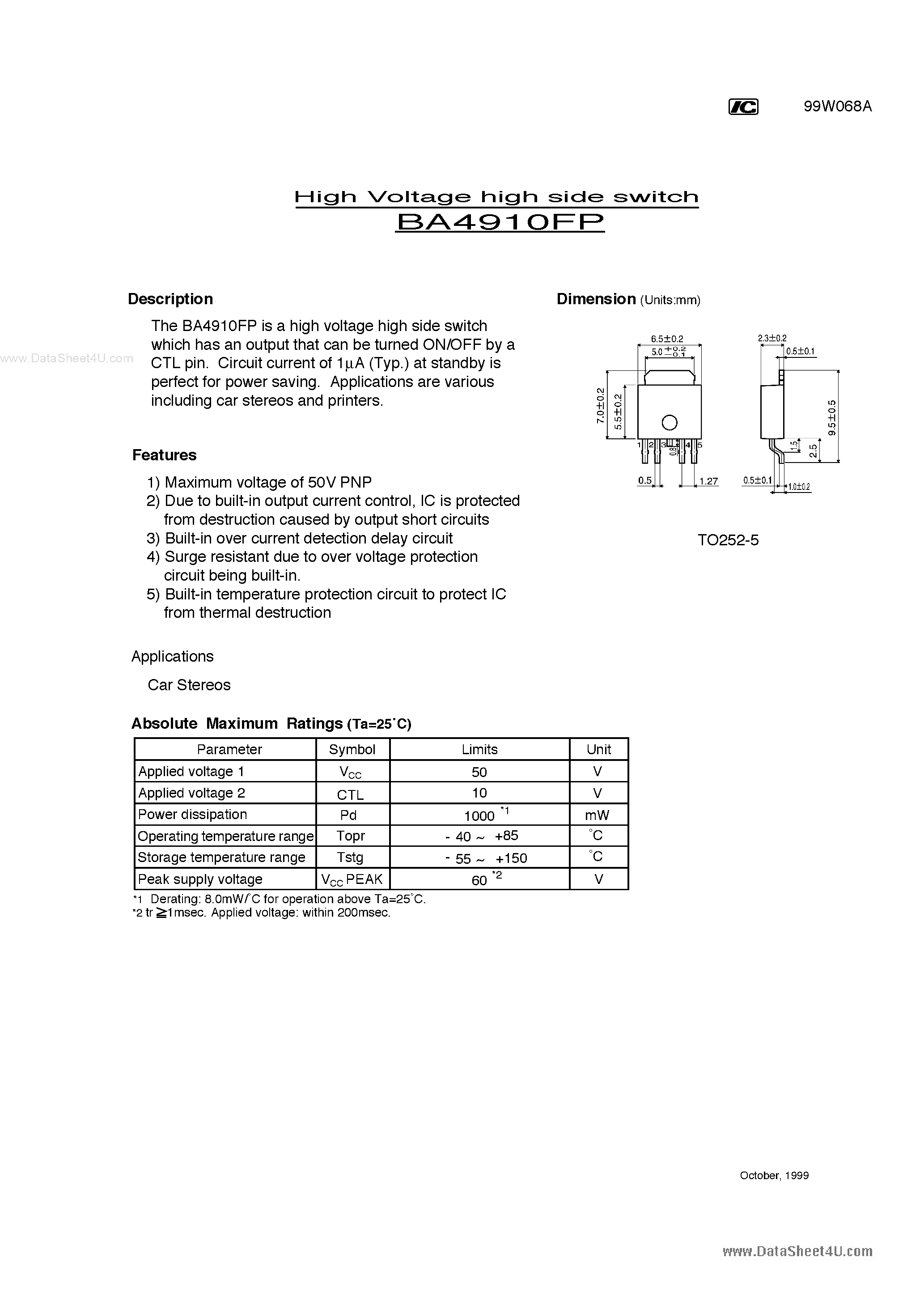 Даташит на микросхему BA4910FP страница 1 Даташит BA4910FP - High Voltage high side switch страница 1
