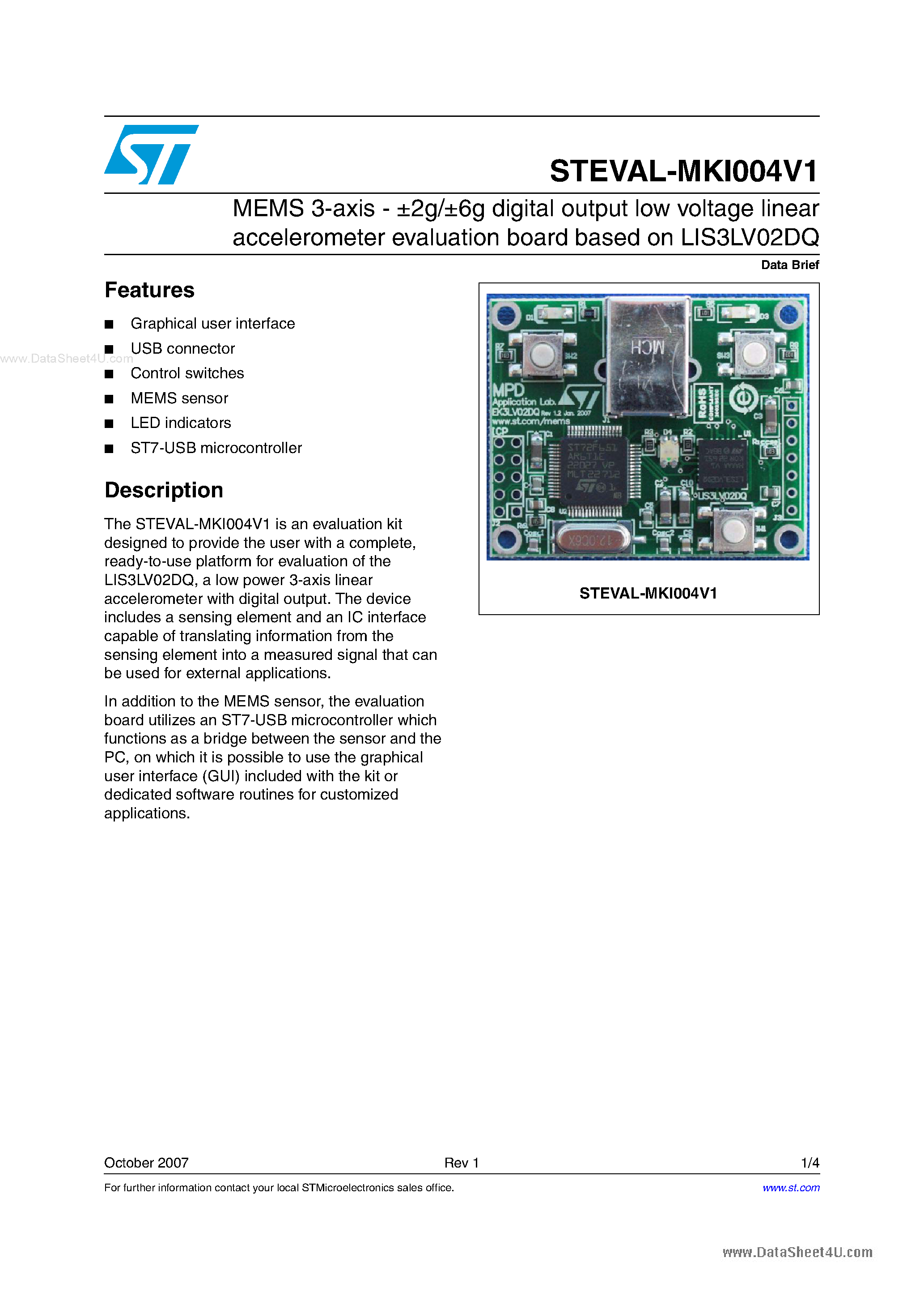 Datasheet STEVAL-MKI004V1 page 1 Datasheet STEVAL-MKI004V1 - digital output low voltage linear accelerometer evaluation board based page 1