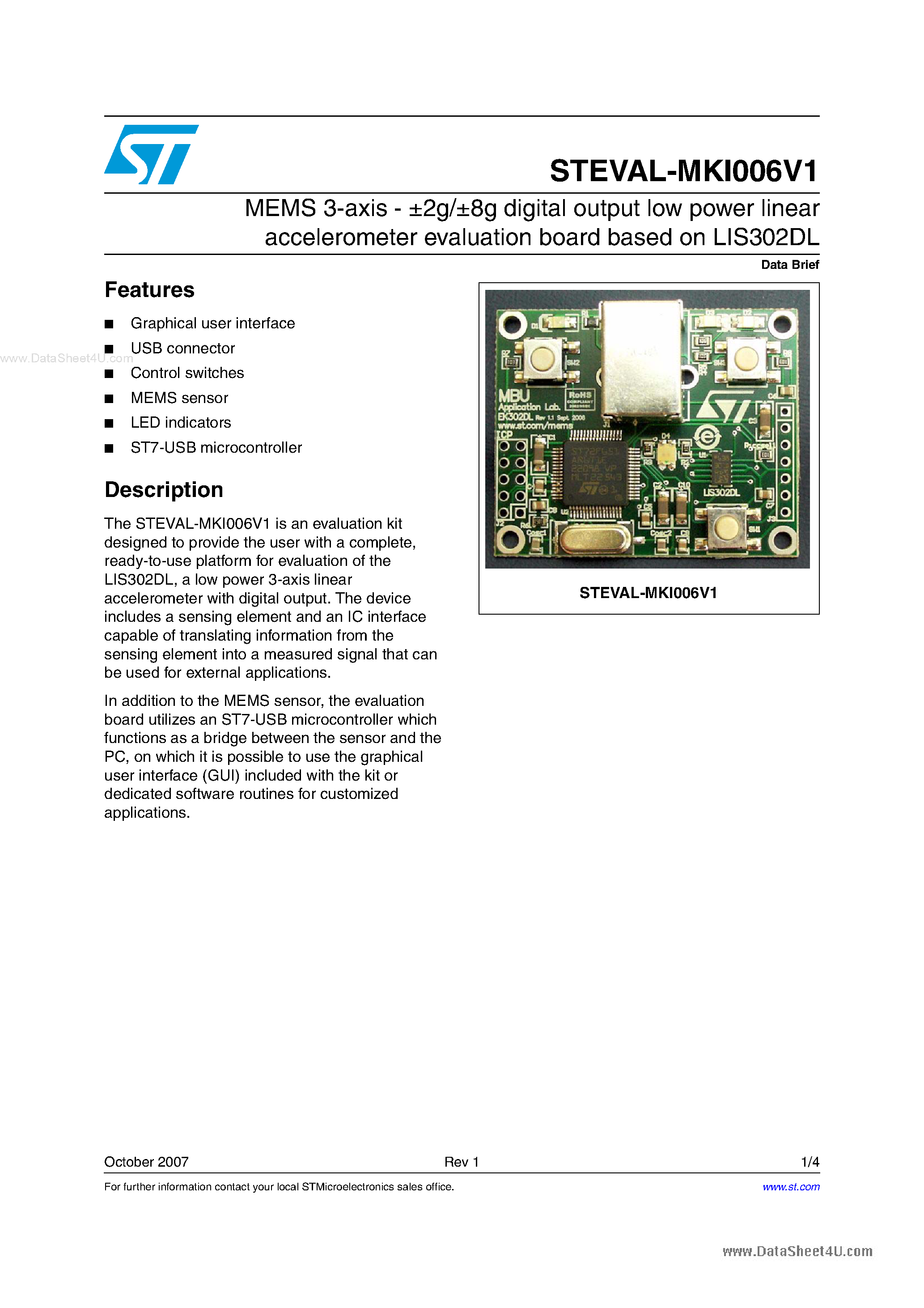 Datasheet STEVAL-MKI006V1 - digital output low voltage linear accelerometer evaluation board based page 1