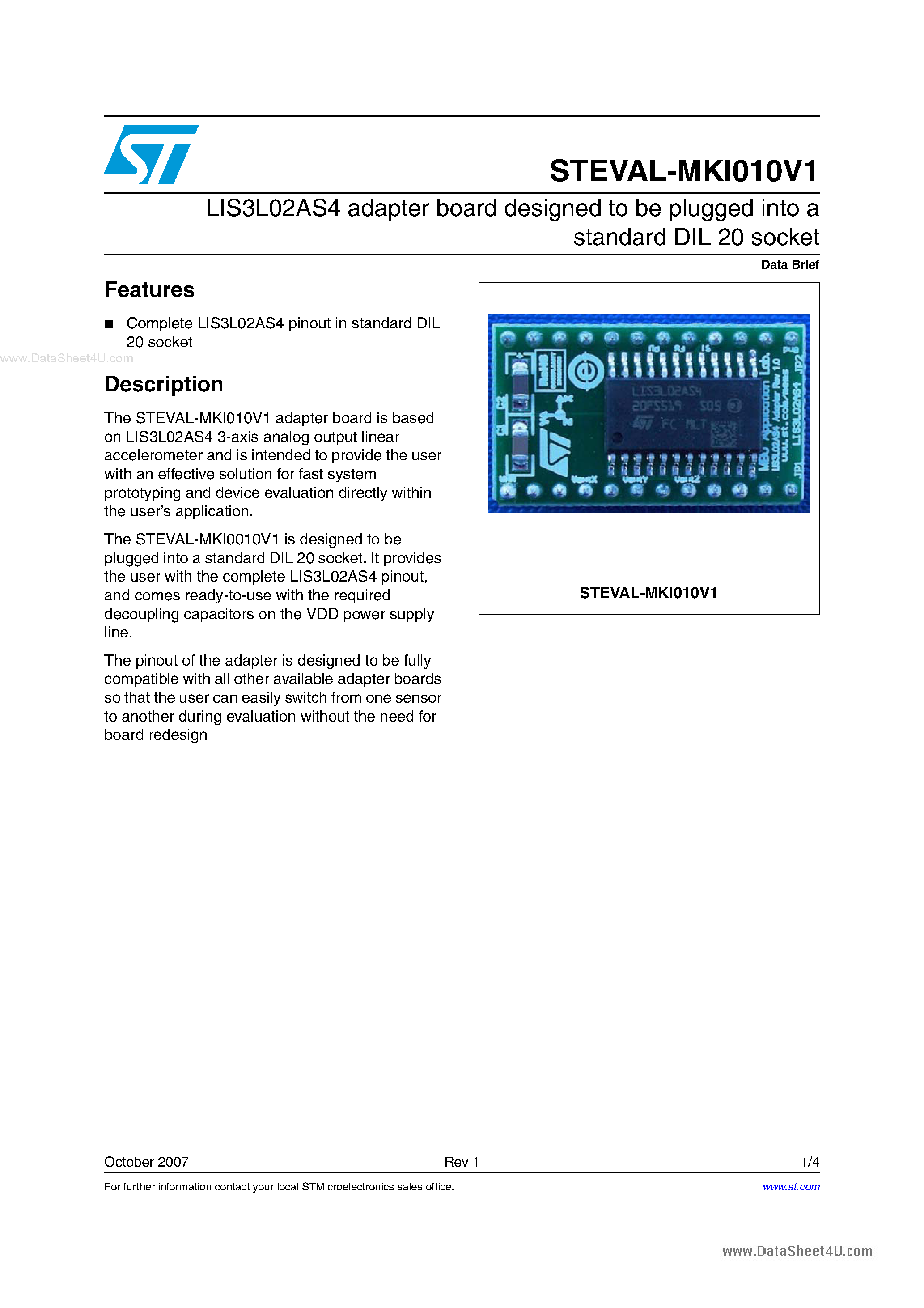 Datasheet STEVAL-MKI010V1 - digital output low voltage linear accelerometer evaluation board based page 1