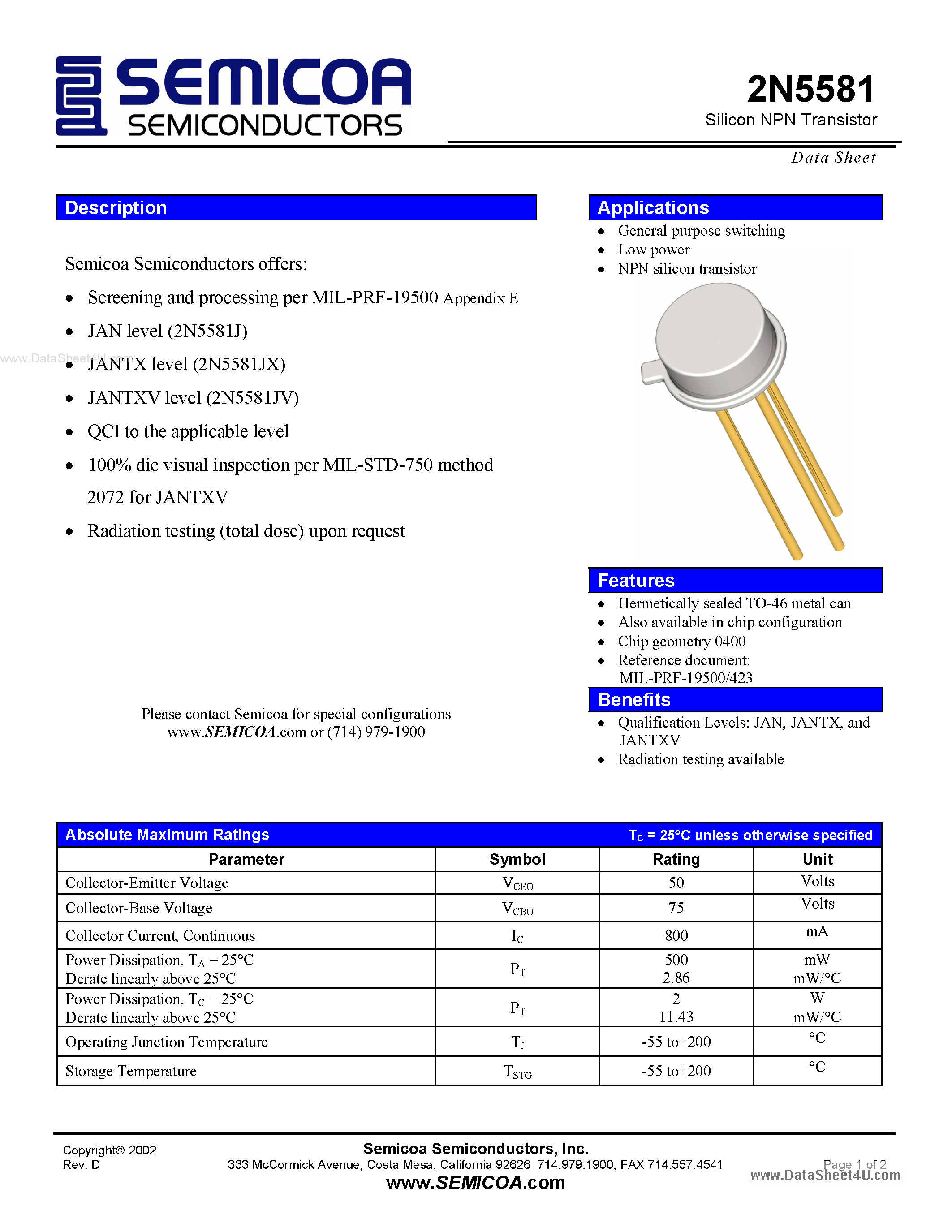Datasheet 2N5581 - Silicon NPN Transistor page 1