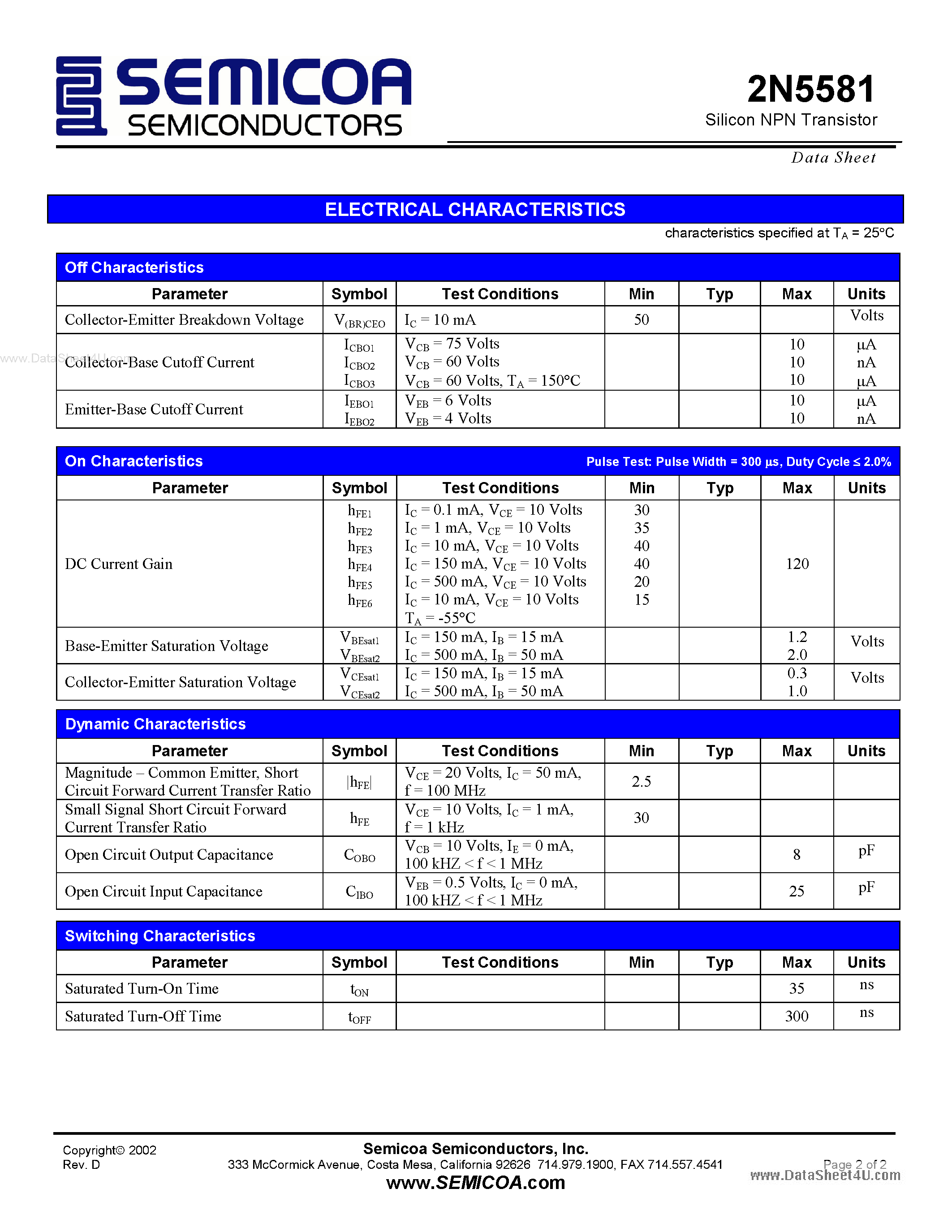Datasheet 2N5581 - Silicon NPN Transistor page 2
