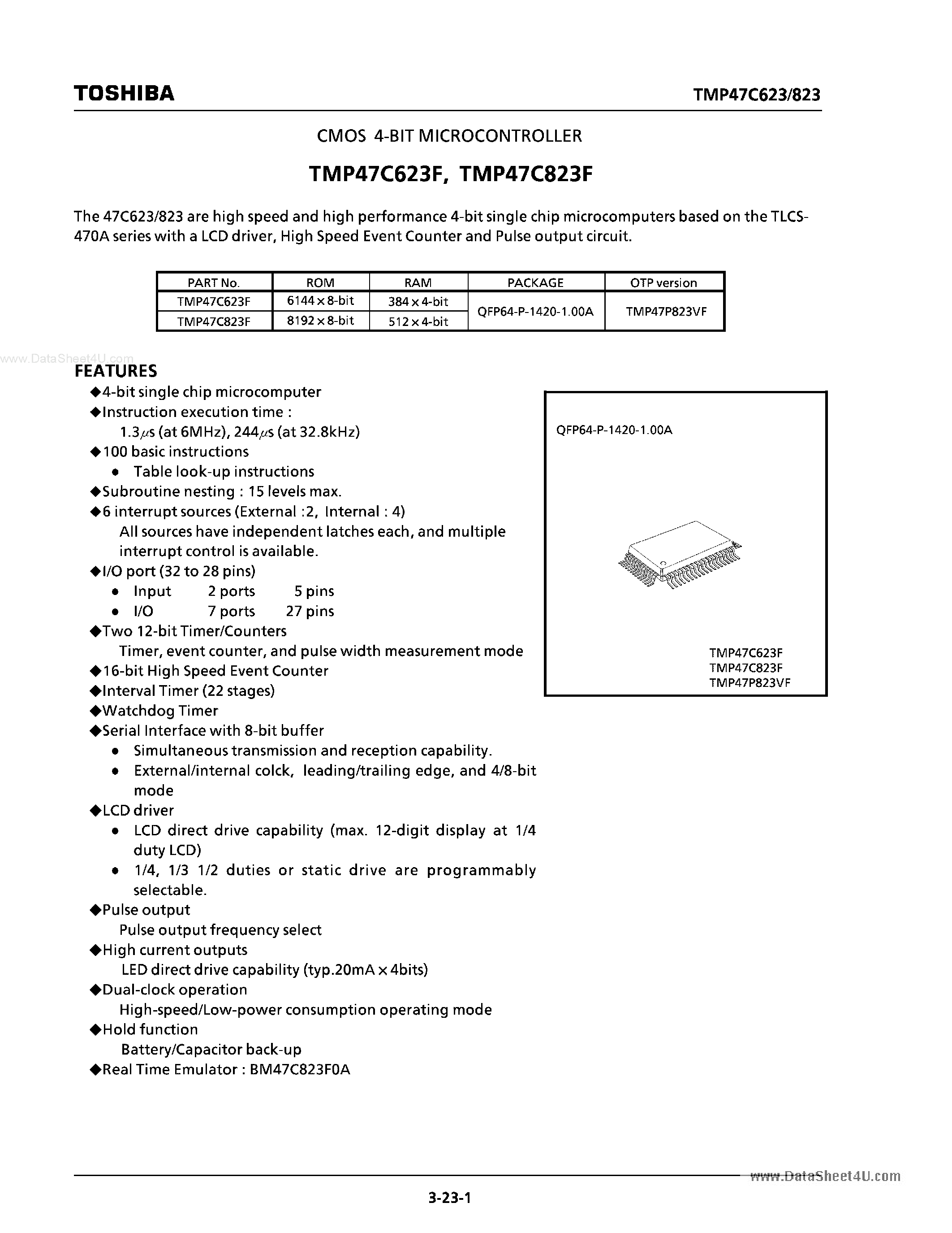 Datasheet TMP47C623F page 1 Datasheet TMP47C623F - (TMP47C623F / TMP47C823F) CMOS 4-bit Microcontroller page 1