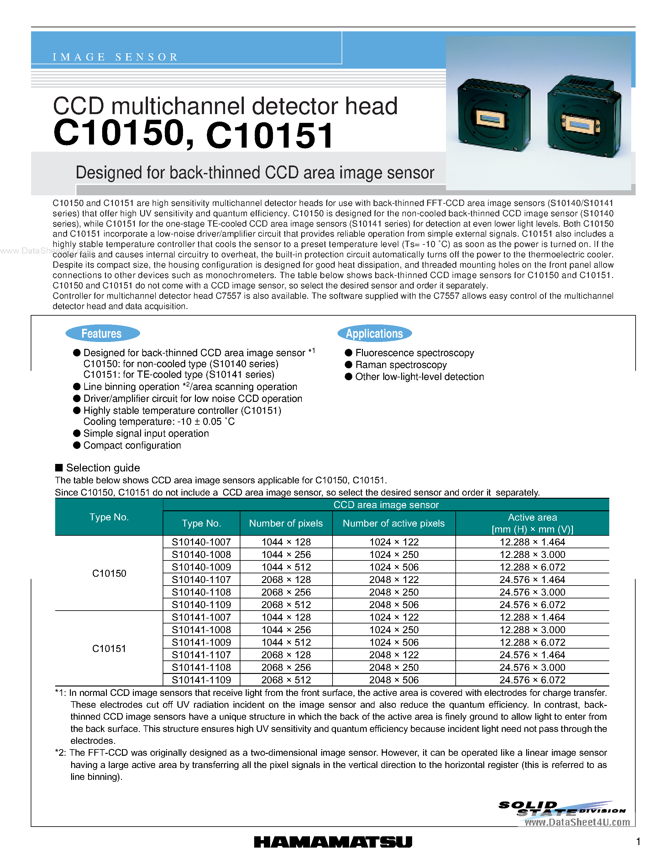 Datasheet C10150 page 1 Datasheet C10150 - (C10150 / C10151) CCD multichannel detector head Designed page 1