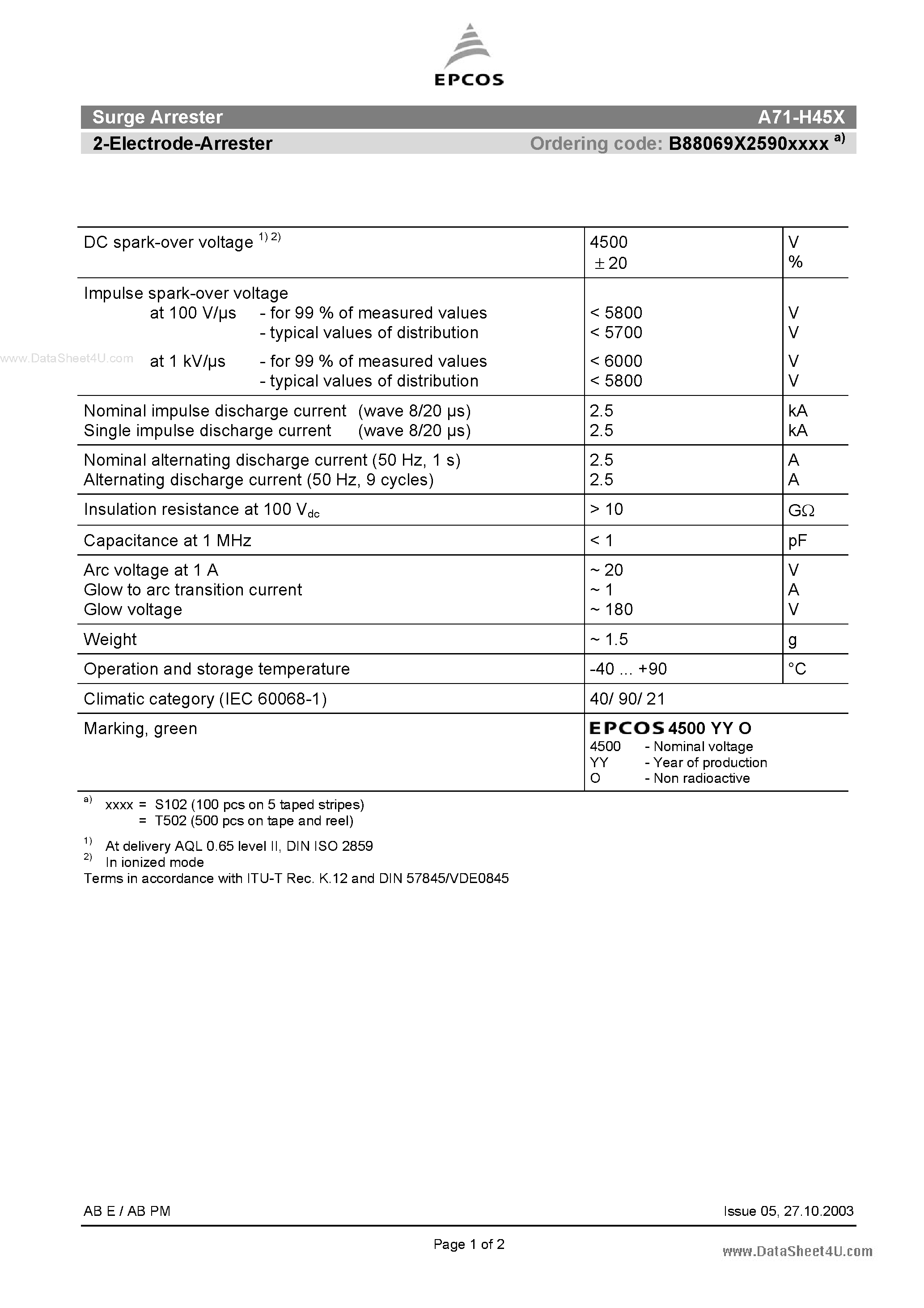 Datasheet B88069X2590xxxx page 1 Datasheet B88069X2590xxxx - 2-Electrode-Arrester page 1