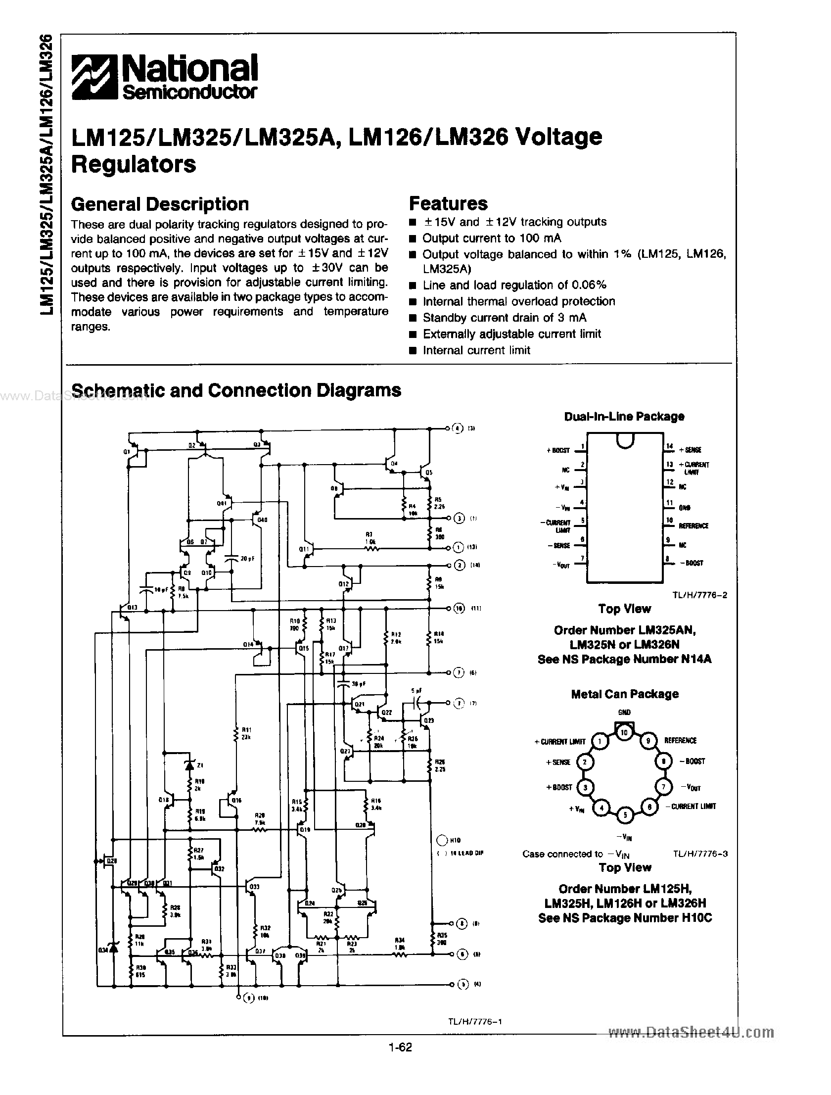 Даташит LM125 - (LM125 / LM126) VOLTAGE REGULATORS страница 1