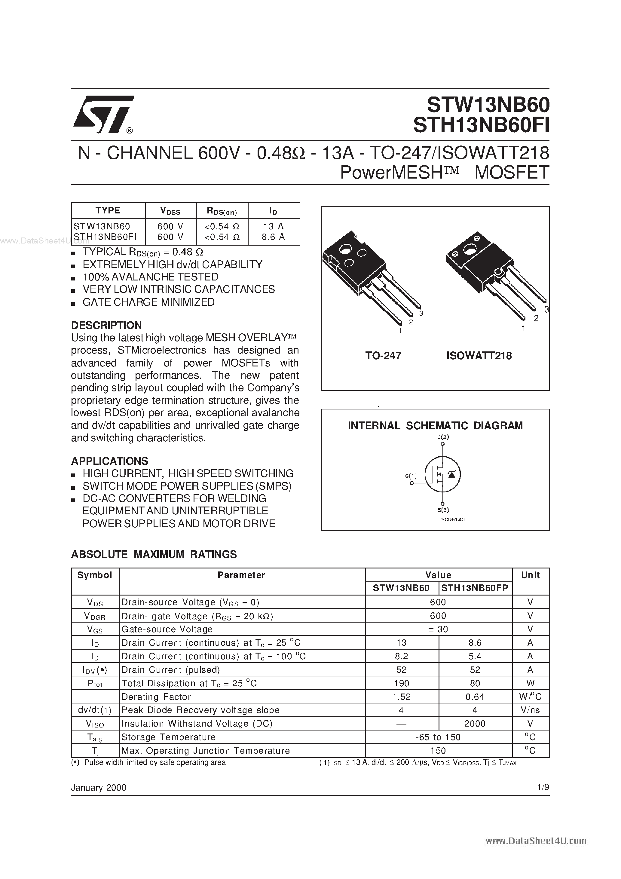 Datasheet STW13NB60 page 1 Datasheet STW13NB60 - N - CHANNEL PowerMESH MOSFET page 1