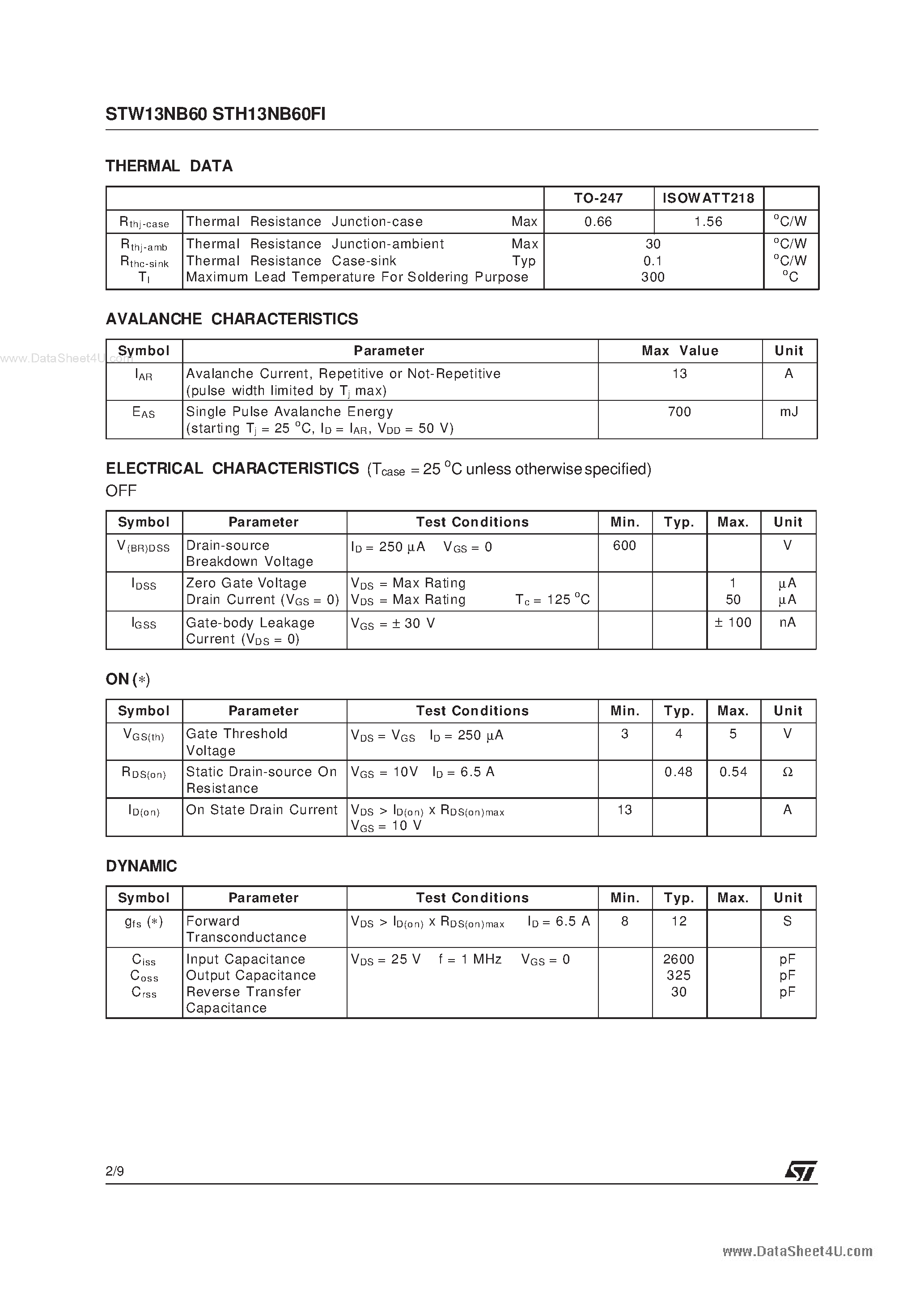 Datasheet STW13NB60 page 2 Datasheet STW13NB60 - N - CHANNEL PowerMESH MOSFET page 2