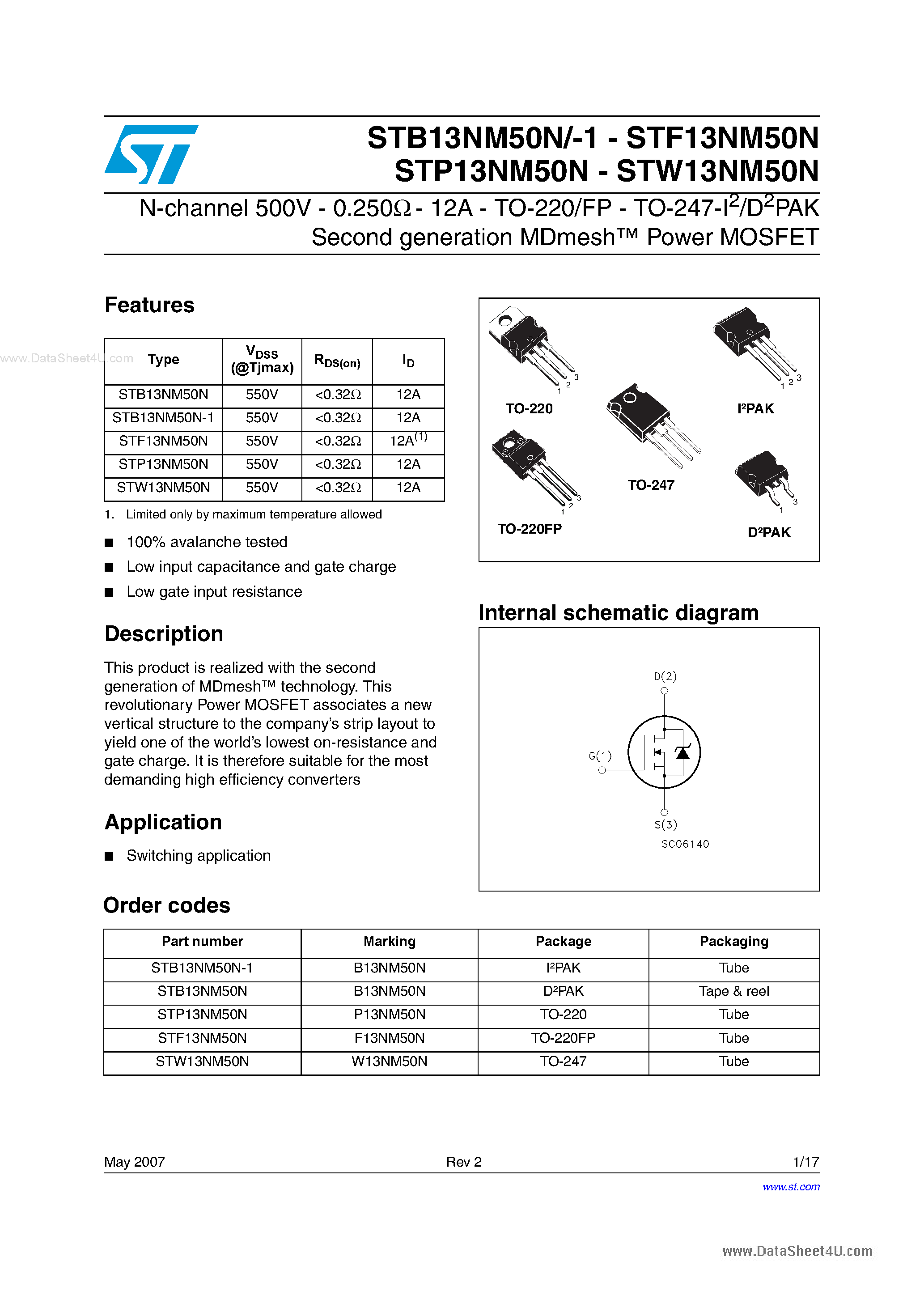Datasheet STW13NM50N page 1 Datasheet STW13NM50N - N-channel Power MOSFET page 1