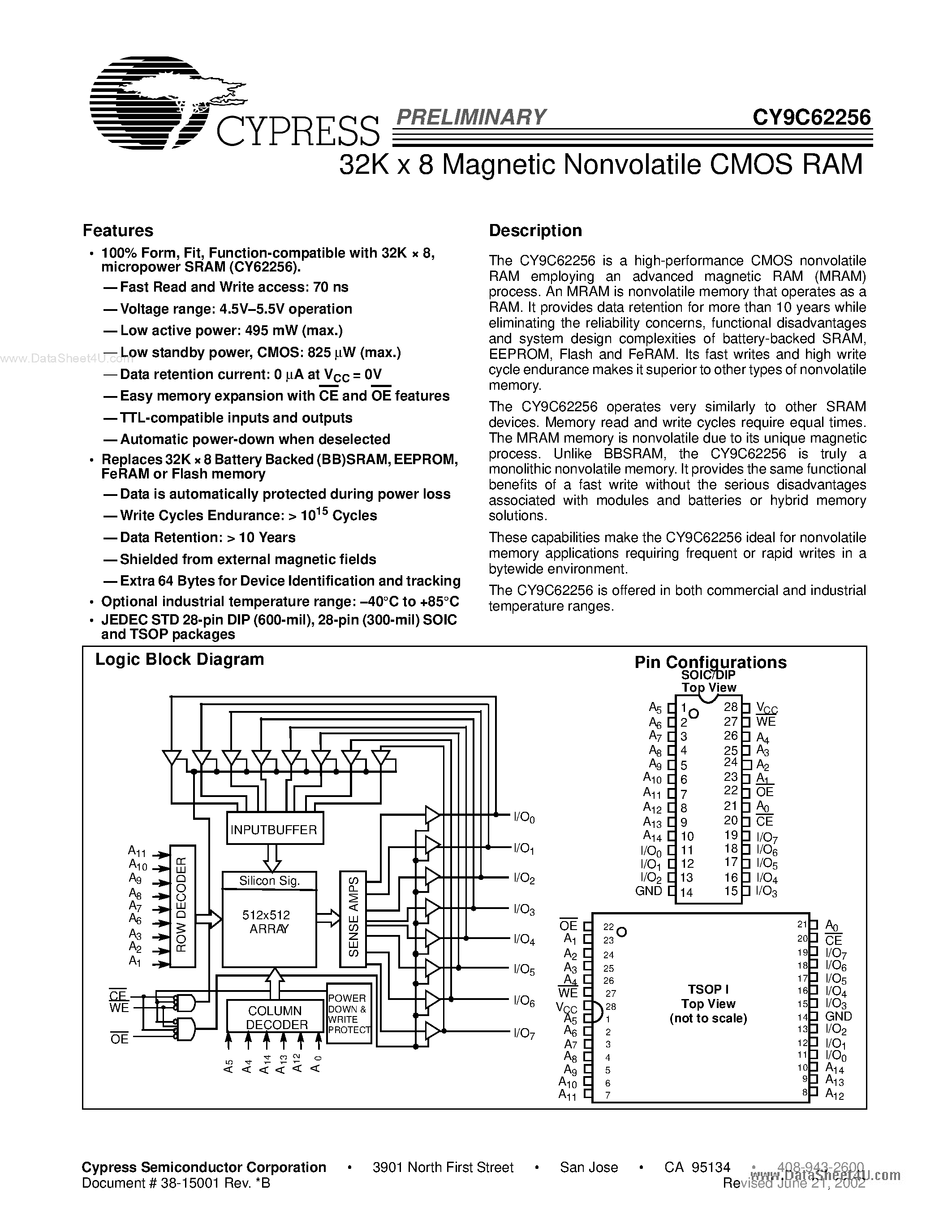 Даташит CY9C62256 - 32K X 8 Magnetic Nonvolatile CMOS RAM страница 1