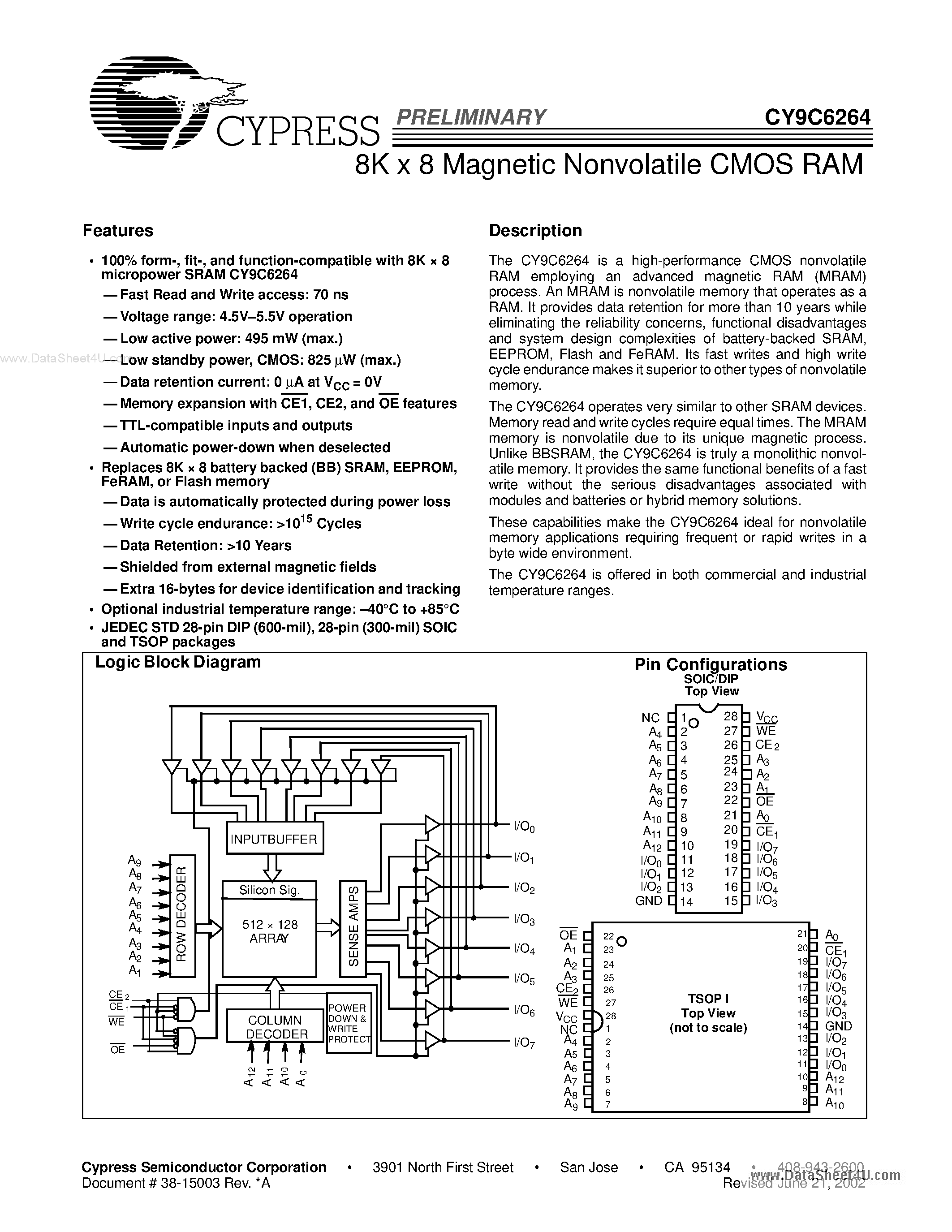 Даташит CY9C6264 - 8K X 8 Magnetic Nonvolatile CMOS RAM страница 1