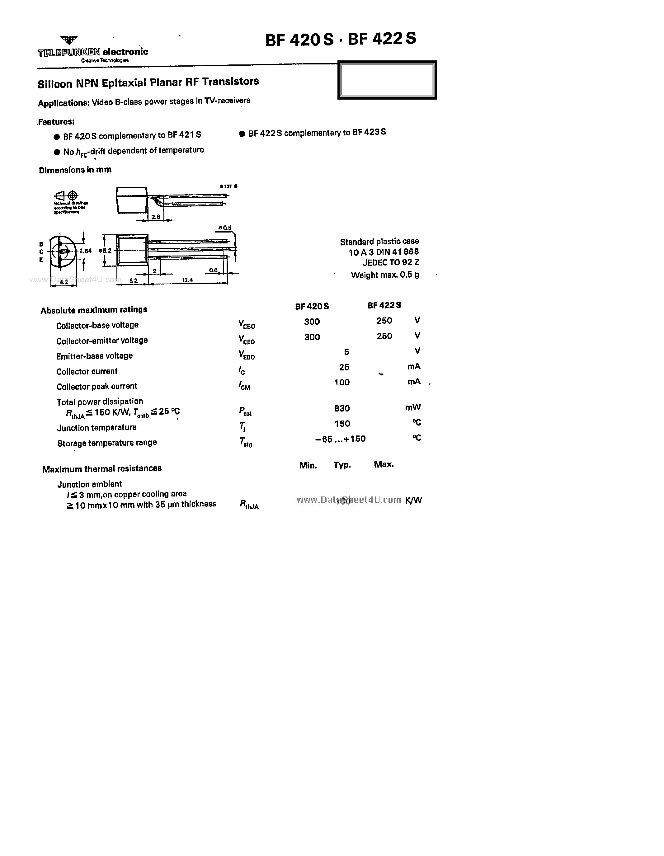 Даташит на микросхему BF420S страница 1 Даташит BF420S - (BF420S / BF422S) Silicon NPN Epitaxial Planar RF Transistors страница 1