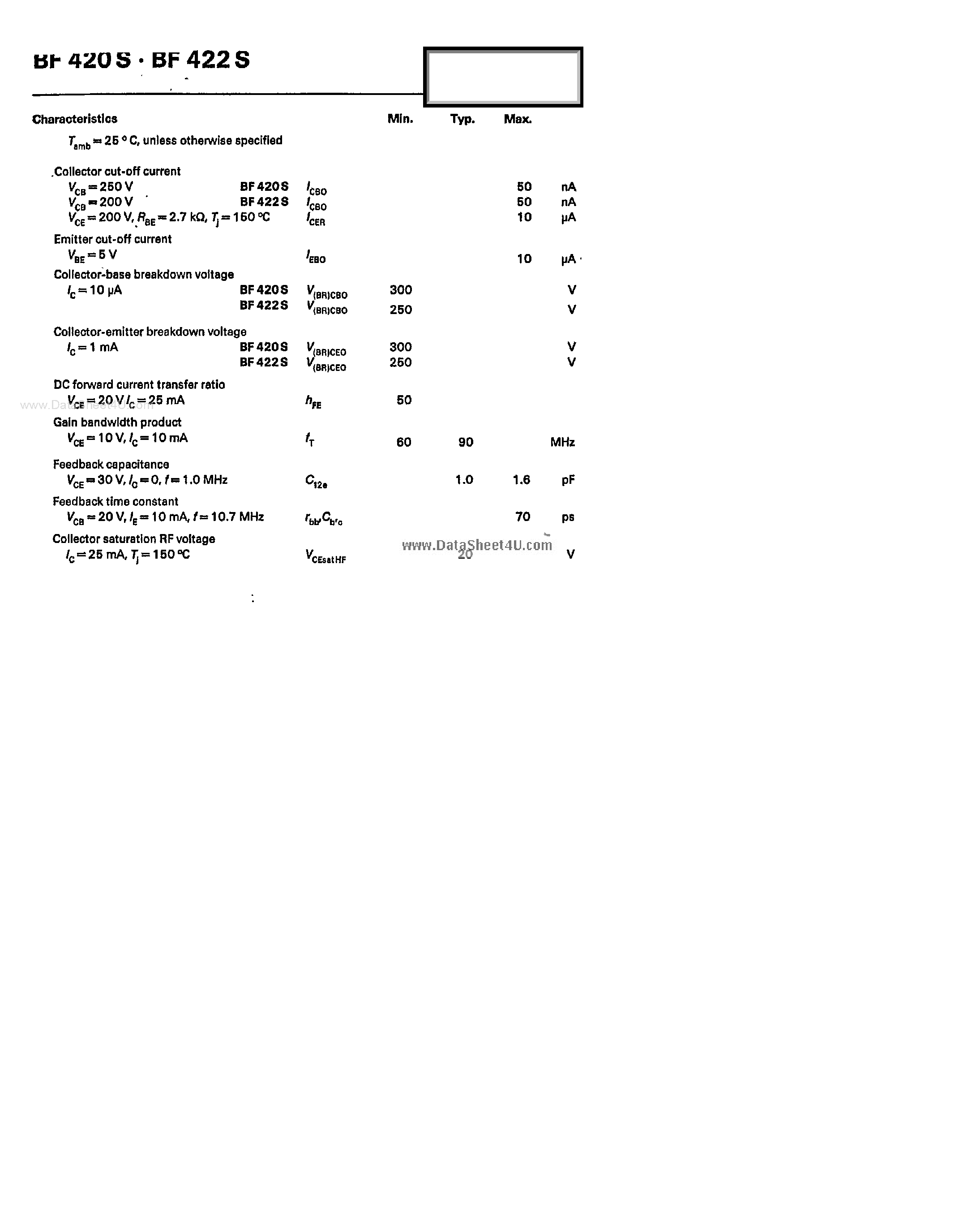 Даташит на микросхему BF420S страница 2 Даташит BF420S - (BF420S / BF422S) Silicon NPN Epitaxial Planar RF Transistors страница 2