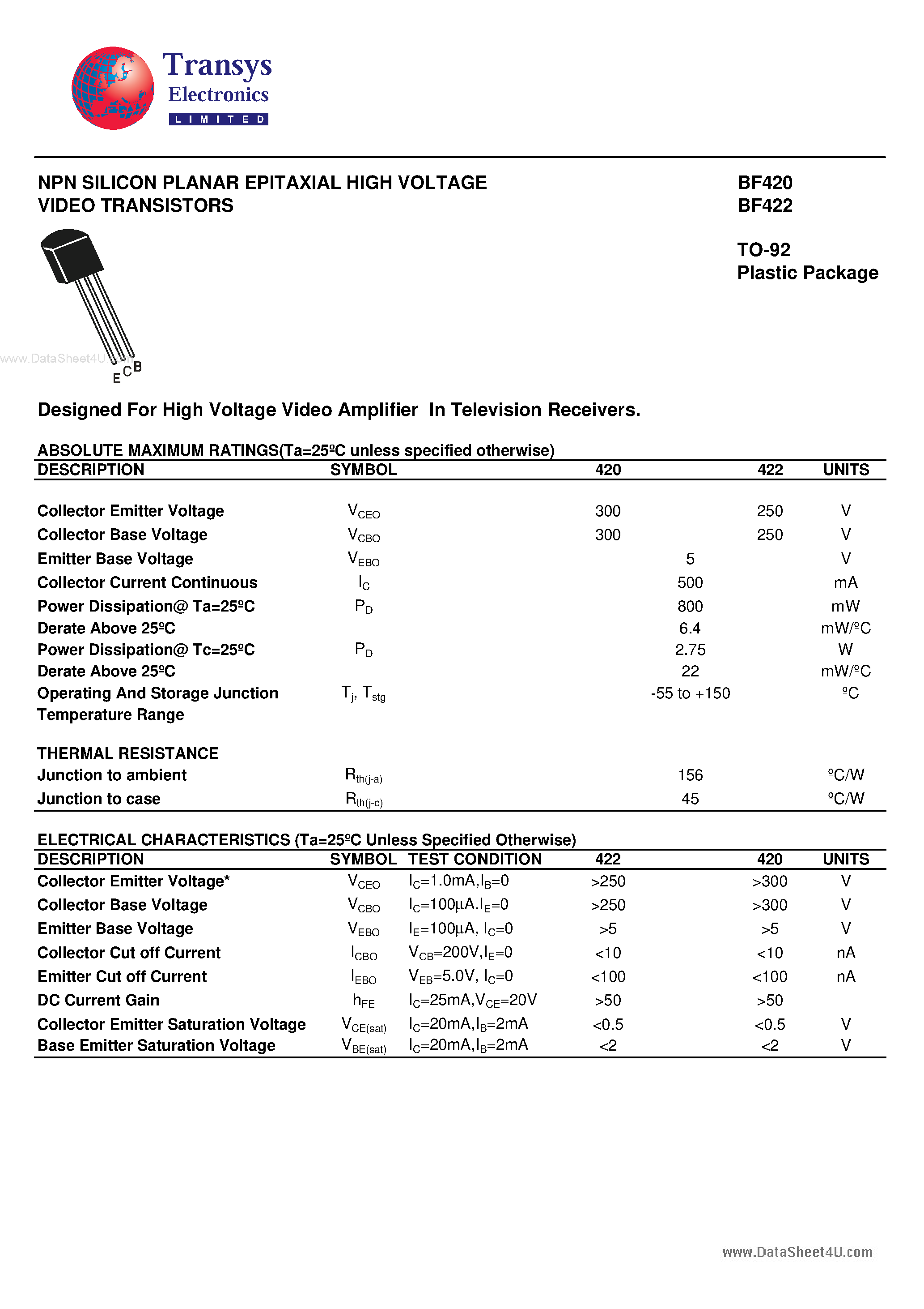 Даташит на микросхему BF420 страница 1 Даташит BF420 - (BF420 / BF422) NPN SILICON PLANAR EPITAXIAL HIGH VOLTAGE VIDEO TRANSISTORS страница 1