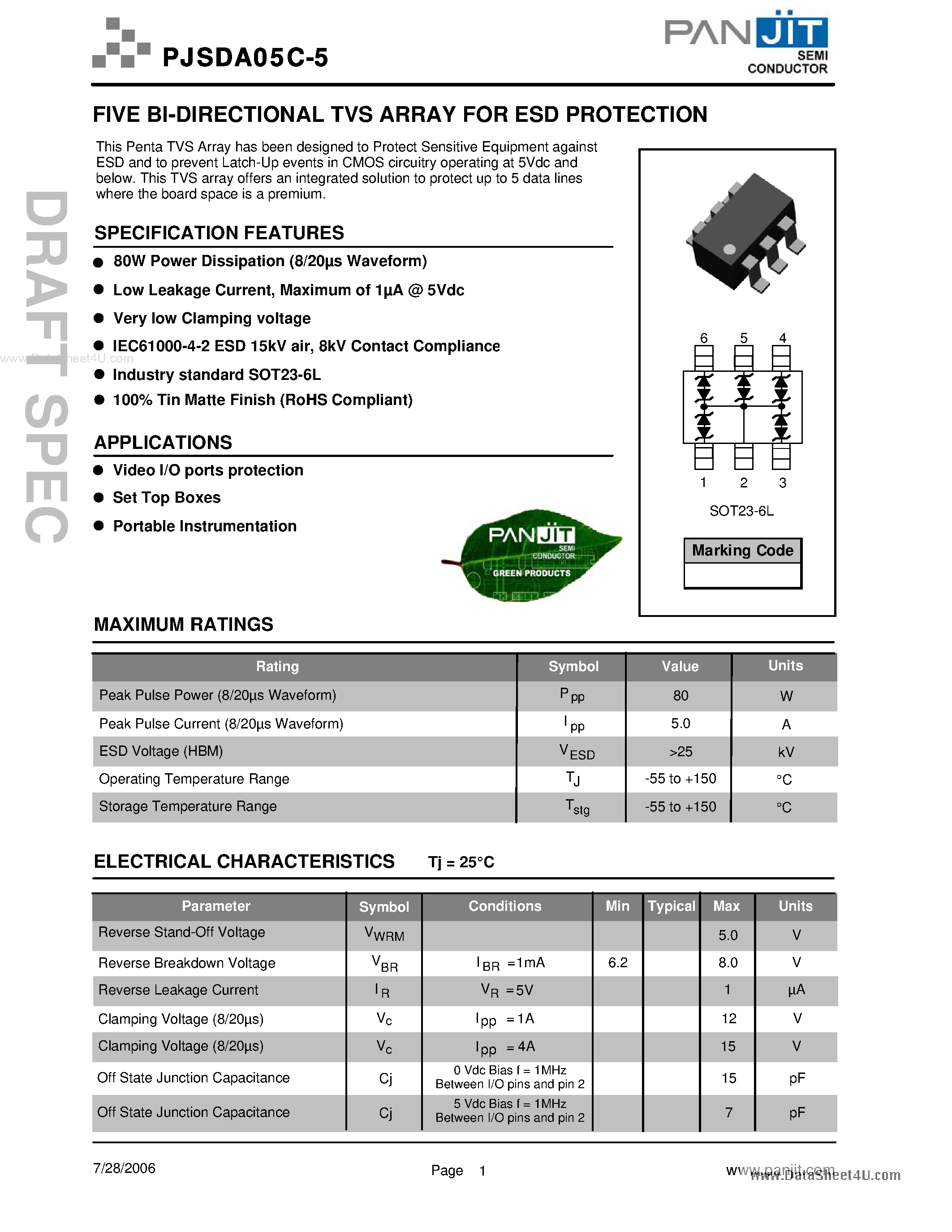 Datasheet PJSDA05C-5 - FIVE BI-DIRECTIONAL TVS ARRAY page 1