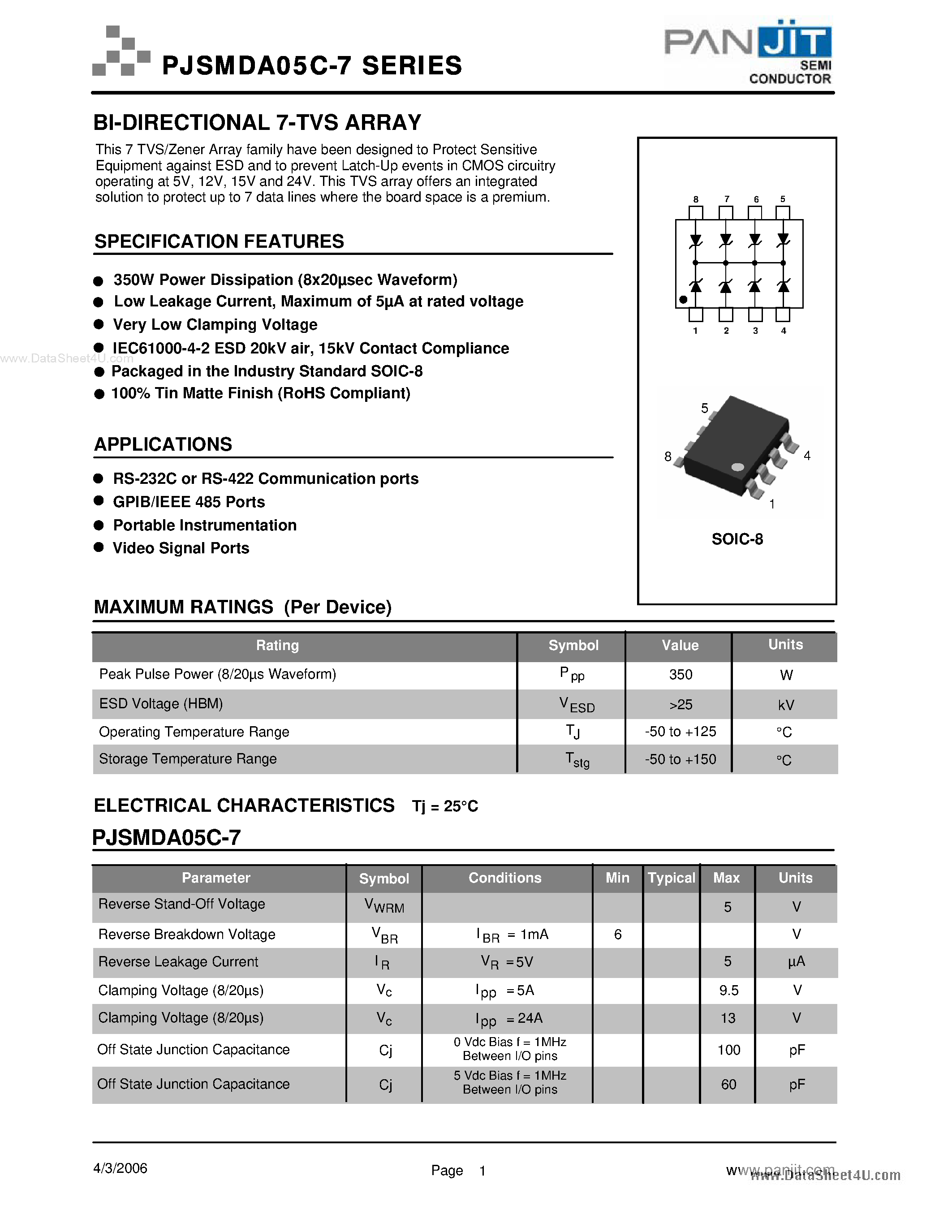 Даташит PJSMDA05C-7 - BI-DIRECTIONAL 7-TVS ARRAY страница 1