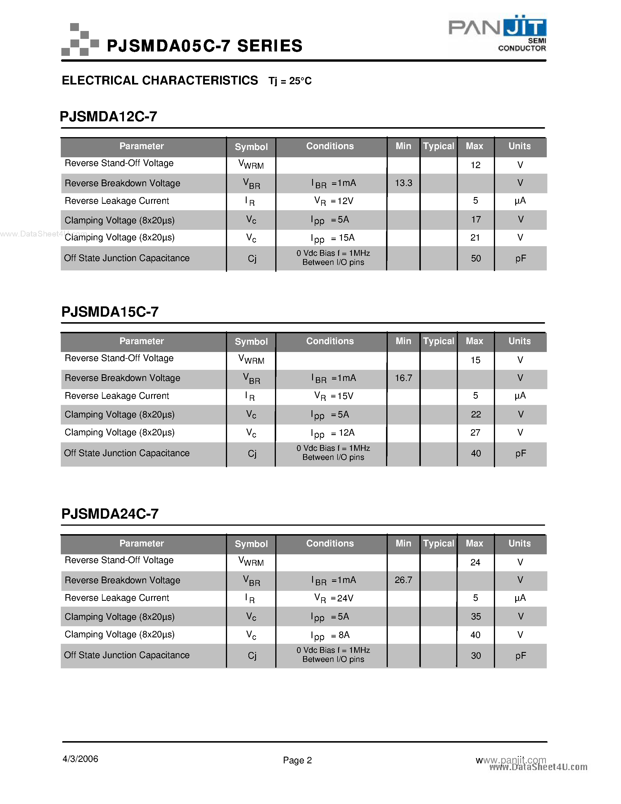 Даташит PJSMDA05C-7 - BI-DIRECTIONAL 7-TVS ARRAY страница 2