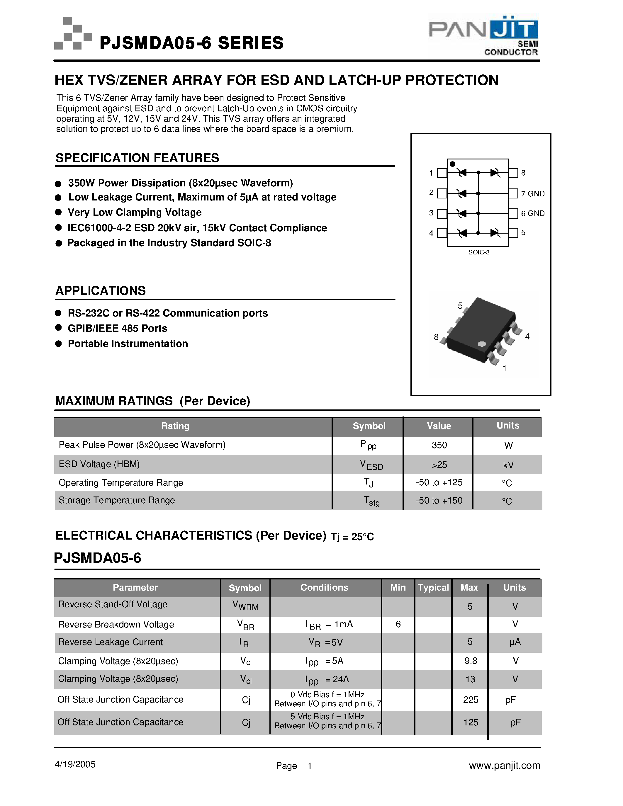Datasheet PJSMDA05-6 - HEX TVS/ZENER ARRAY page 1