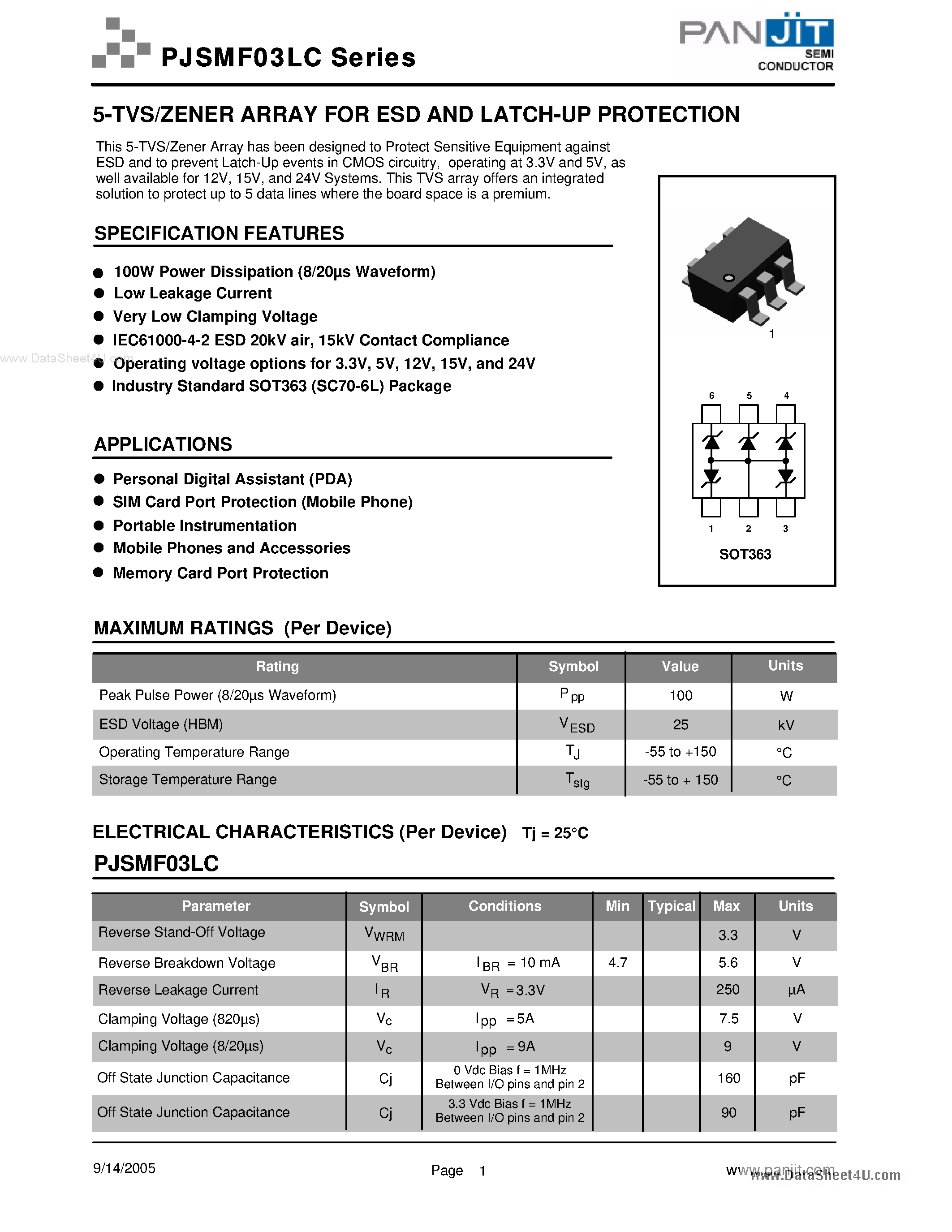 Datasheet PJSMF03LC - 5-TVS/ZENER ARRAY page 1