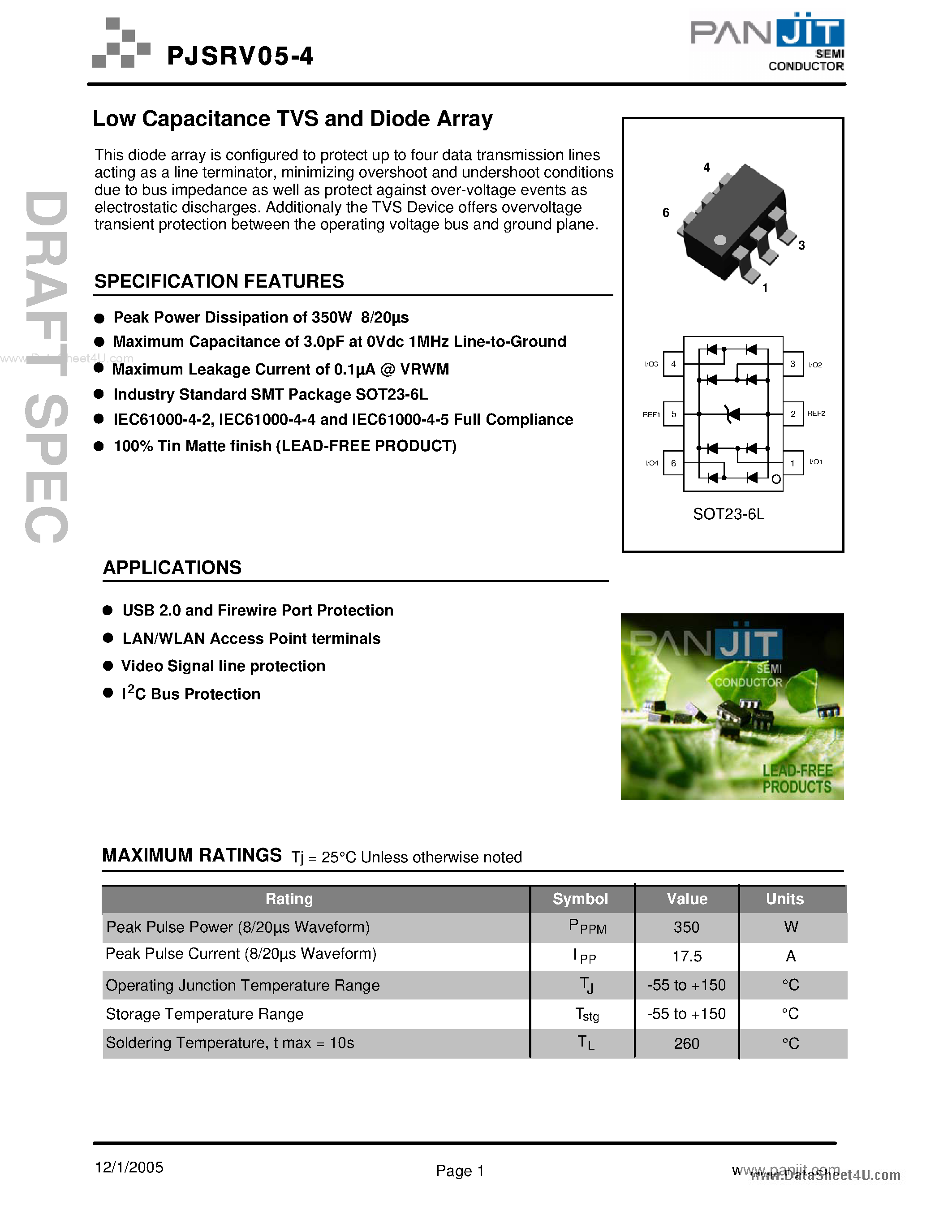 Datasheet PJSRV05-4 page 1 Datasheet PJSRV05-4 - Low Capacitance TVS and Diode Array page 1
