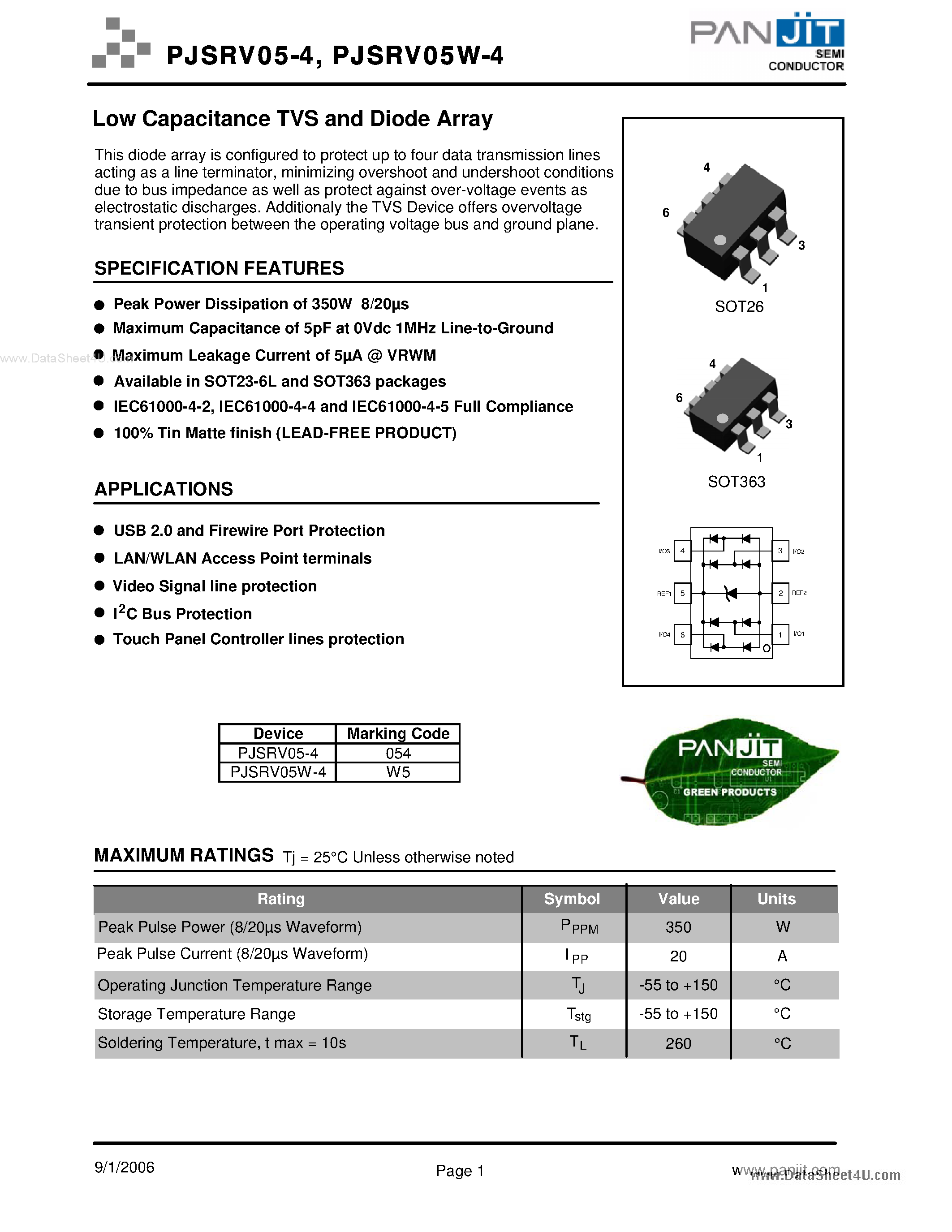 Datasheet PJSRV05W-4 - Low Capacitance TVS and Diode Array page 1