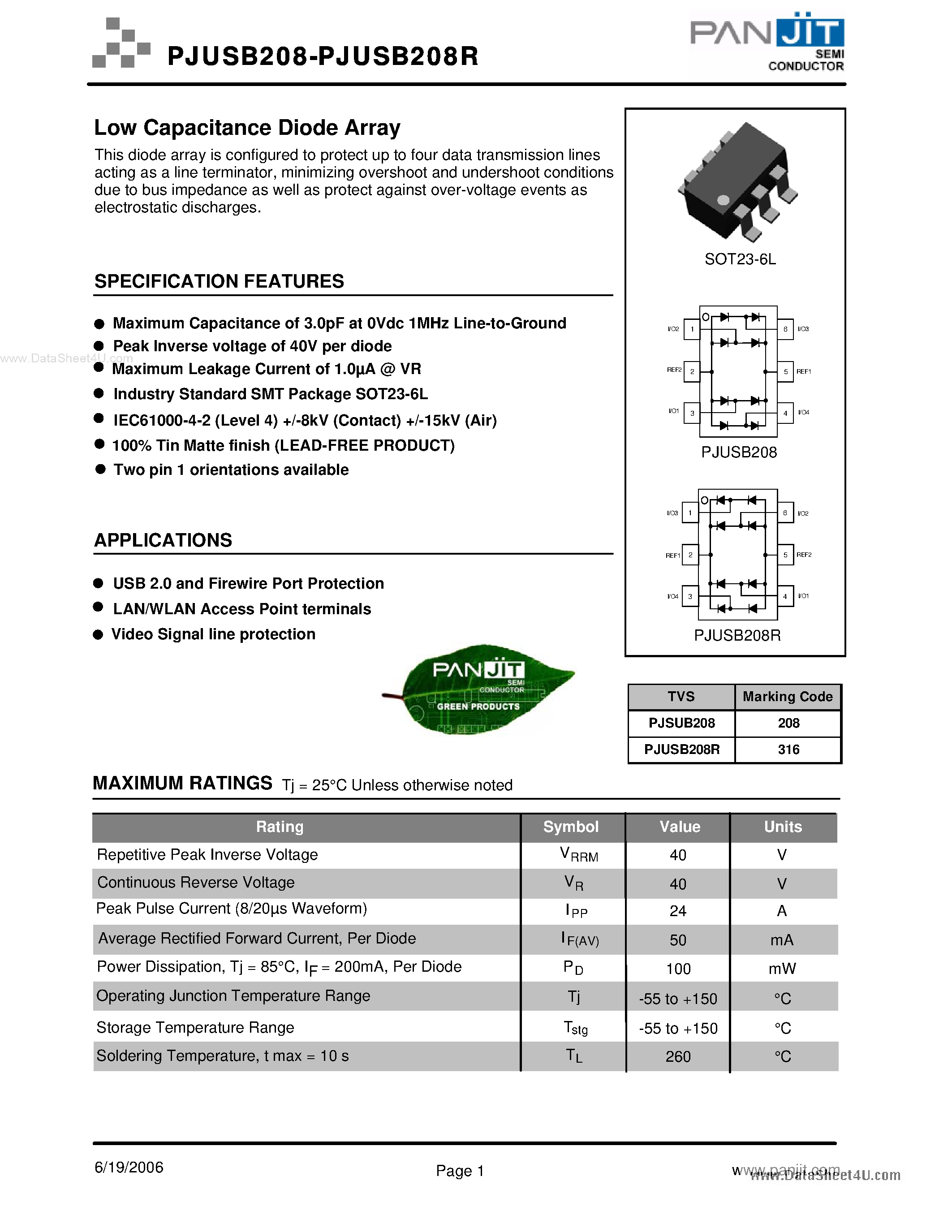 Даташит PJSUB208 - Low Capacitance Diode Array страница 1
