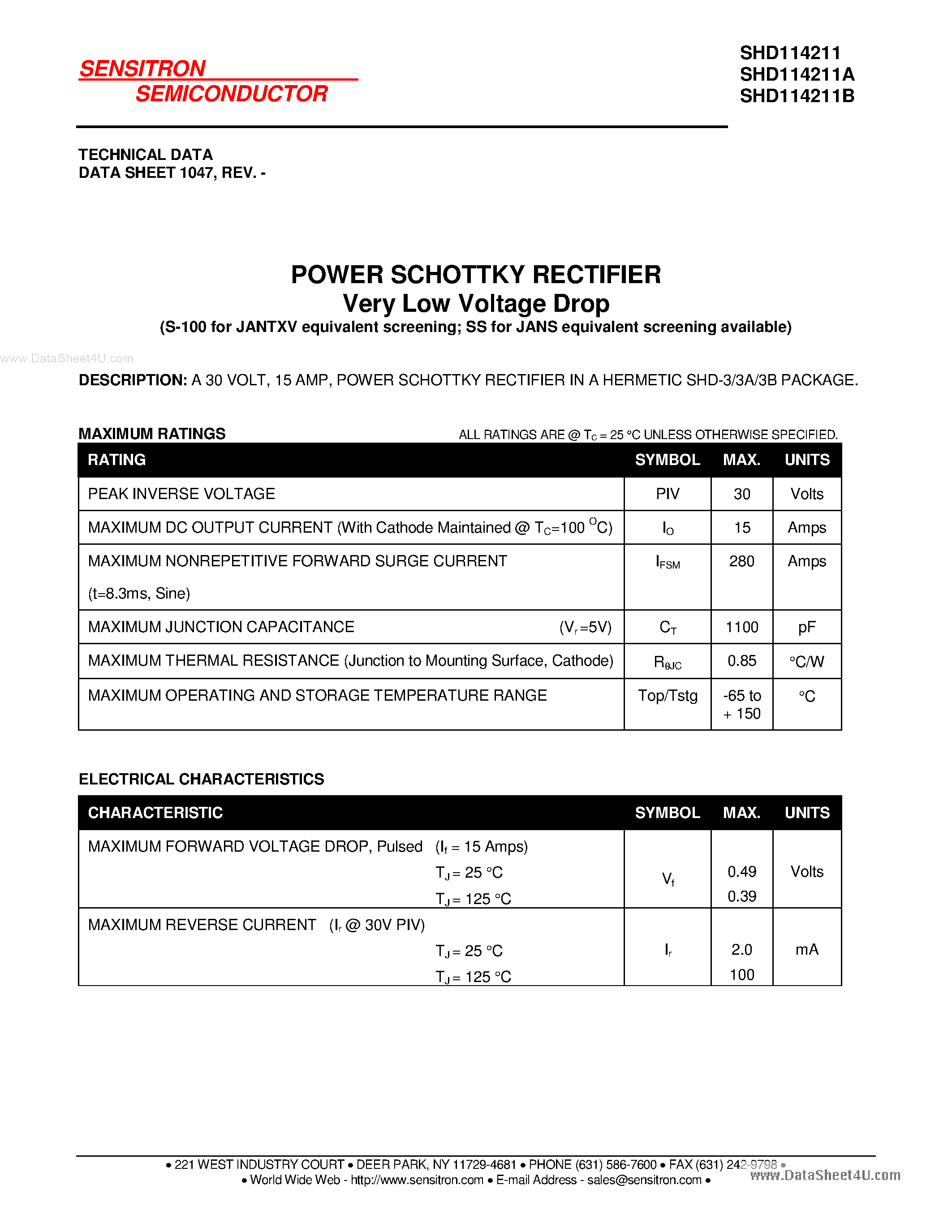Datasheet SHD114211 - POWER SCHOTTKY RECTIFIER page 1