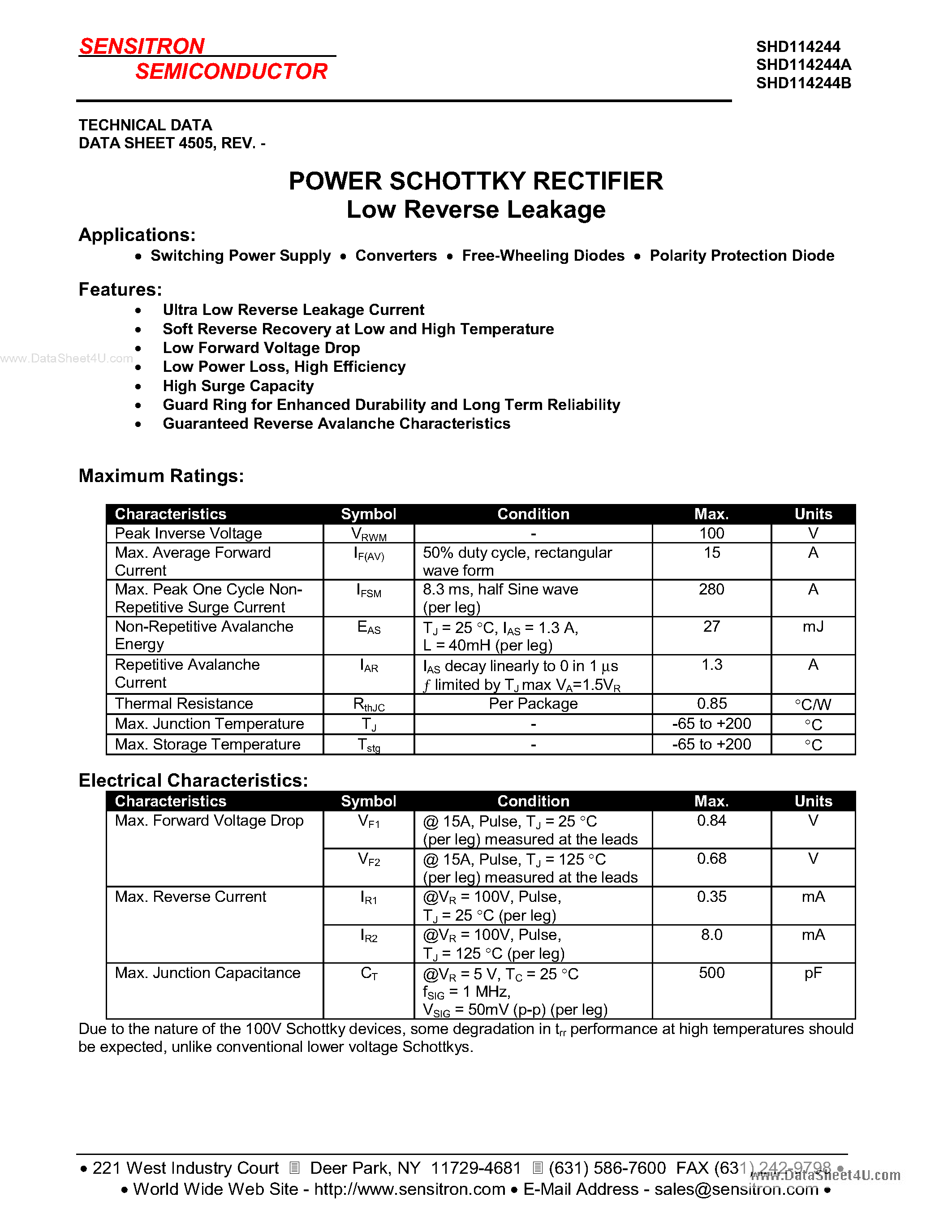 Datasheet SHD114244 page 1 Datasheet SHD114244 - POWER SCHOTTKY RECTIFIER page 1