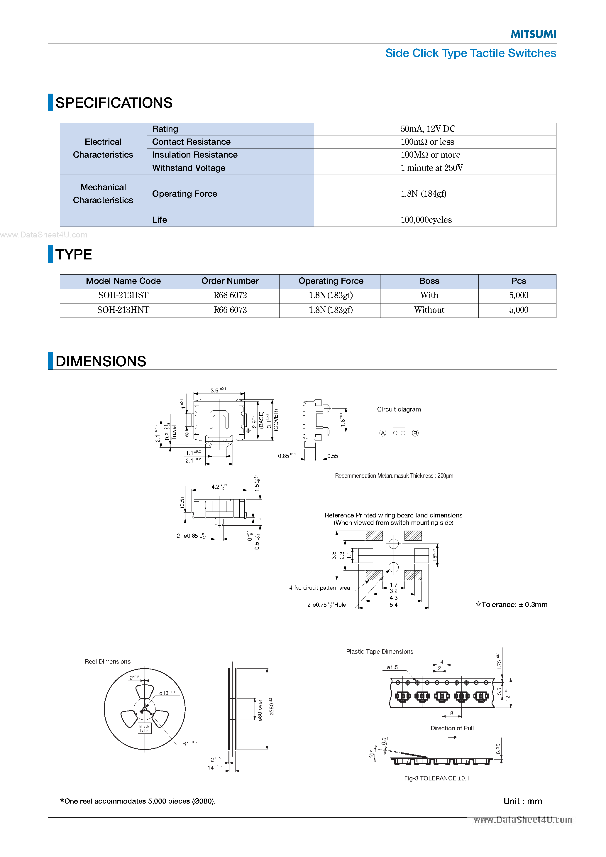 Даташит на микросхему SOH-213HNT страница 2 Даташит SOH-213HNT - Side Click Type Tactile Switches страница 2