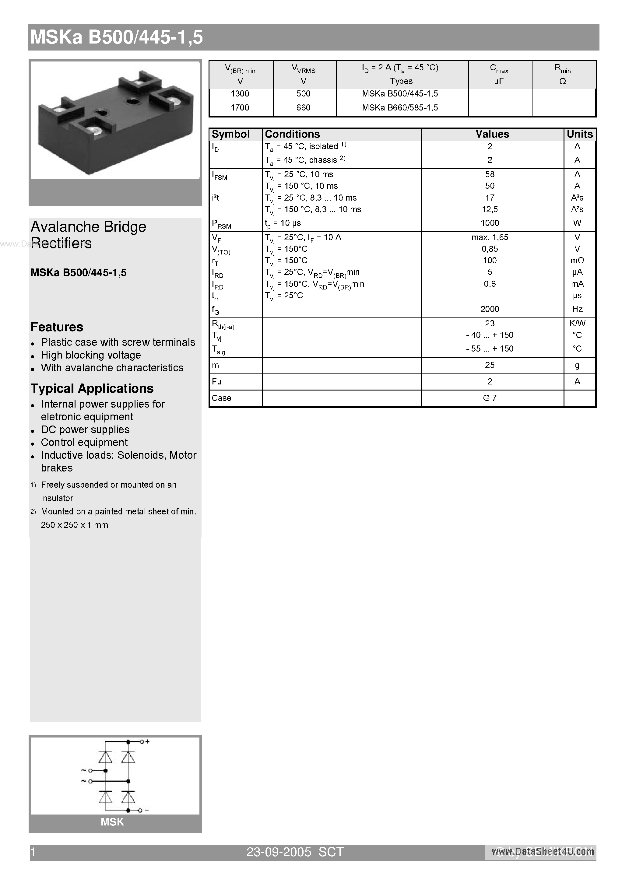 Datasheet MSKAB500/445-1 - Avalanche Bridge Rectifiers page 1