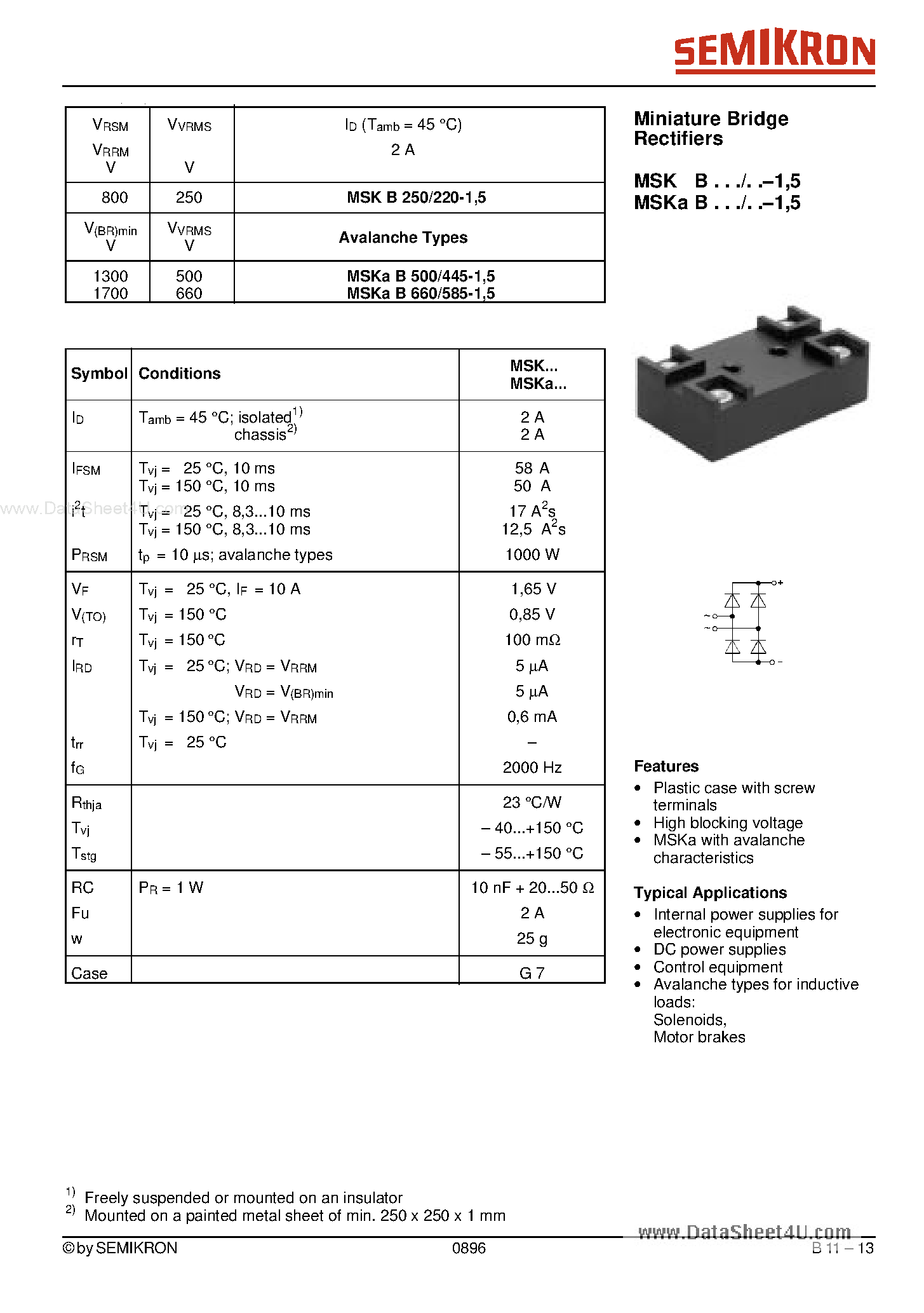 Datasheet MSKAB500/445-1 - Avalanche Bridge Rectifiers page 1
