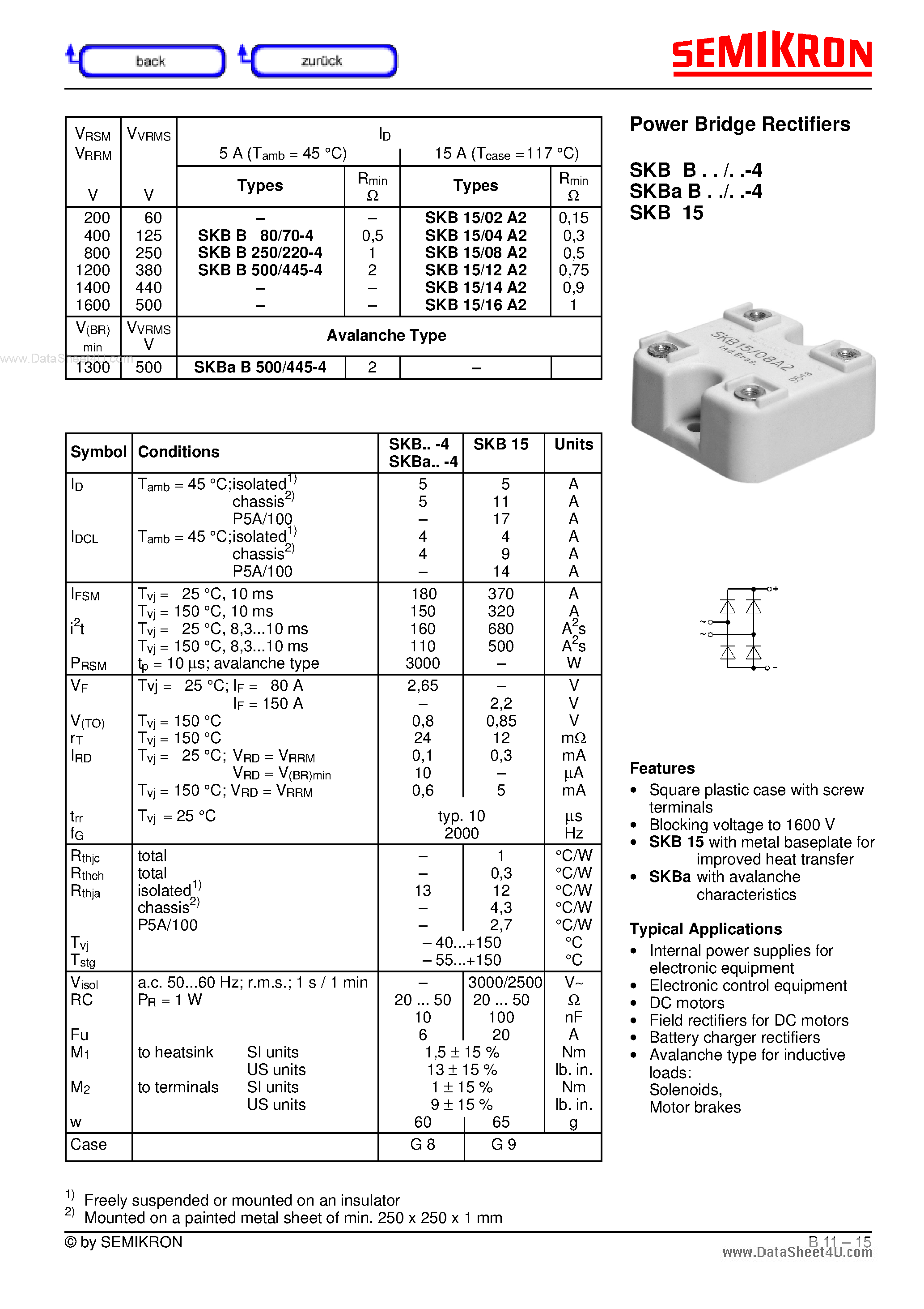 Datasheet SKBAB250/220-4 page 1 Datasheet SKBAB250/220-4 - Avalanche Bridge Rectifiers page 1