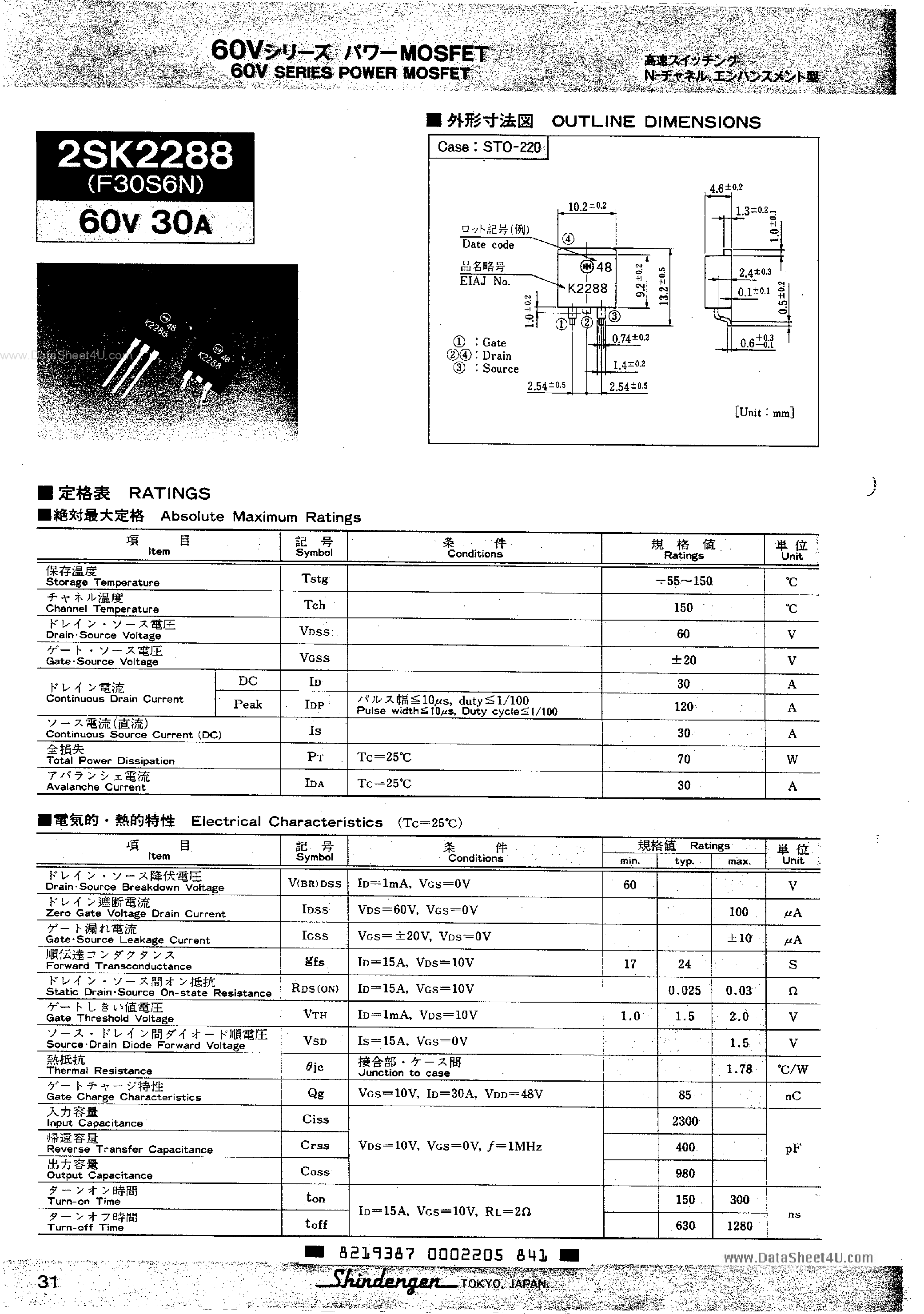 Datasheet 2SK2288 - 60V SERIES POWER MOSFET page 1