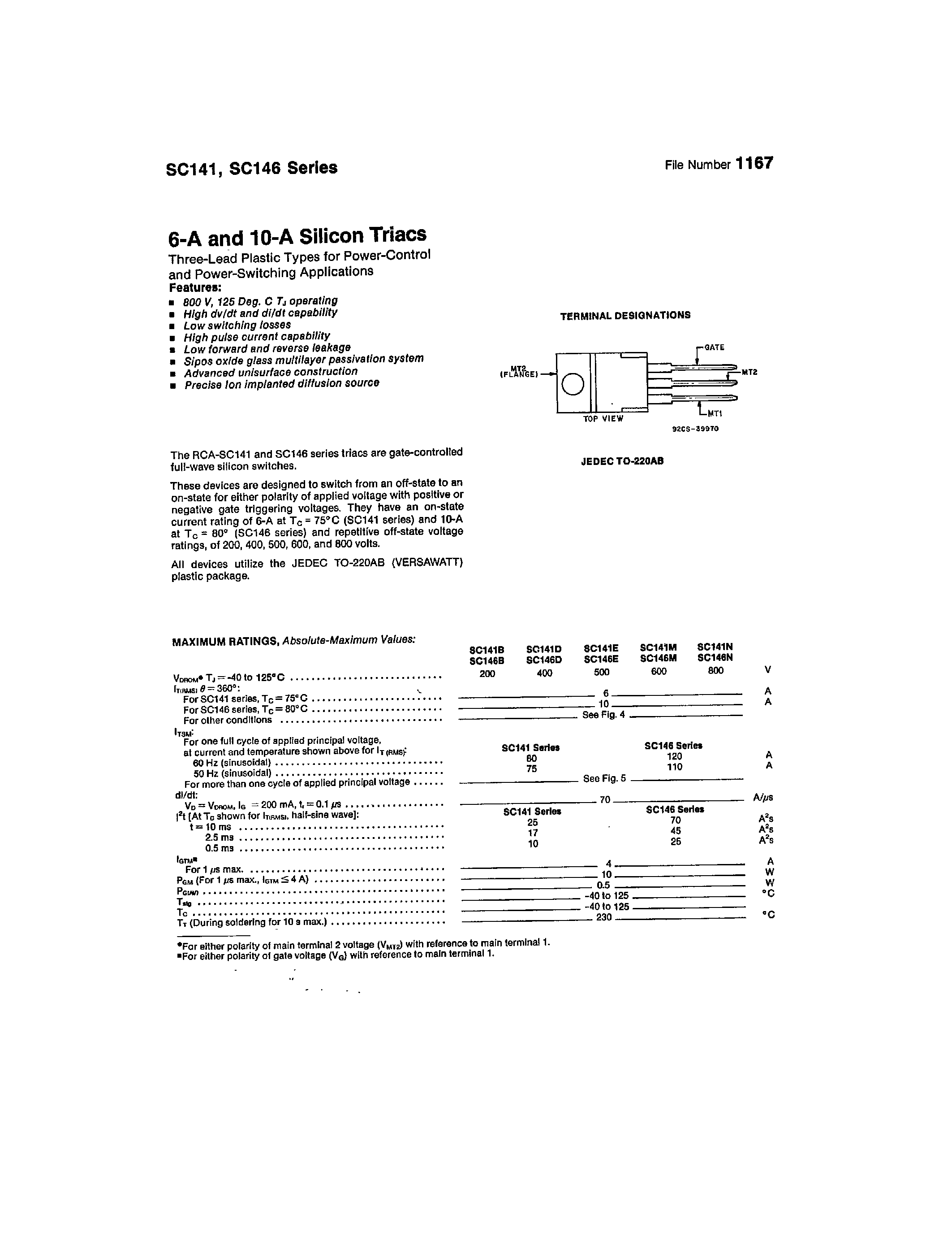 Datasheet SC141 page 1 Datasheet SC141 - (SC141 / SC146) 6-A AND 10-A SILICON TRIACS page 1
