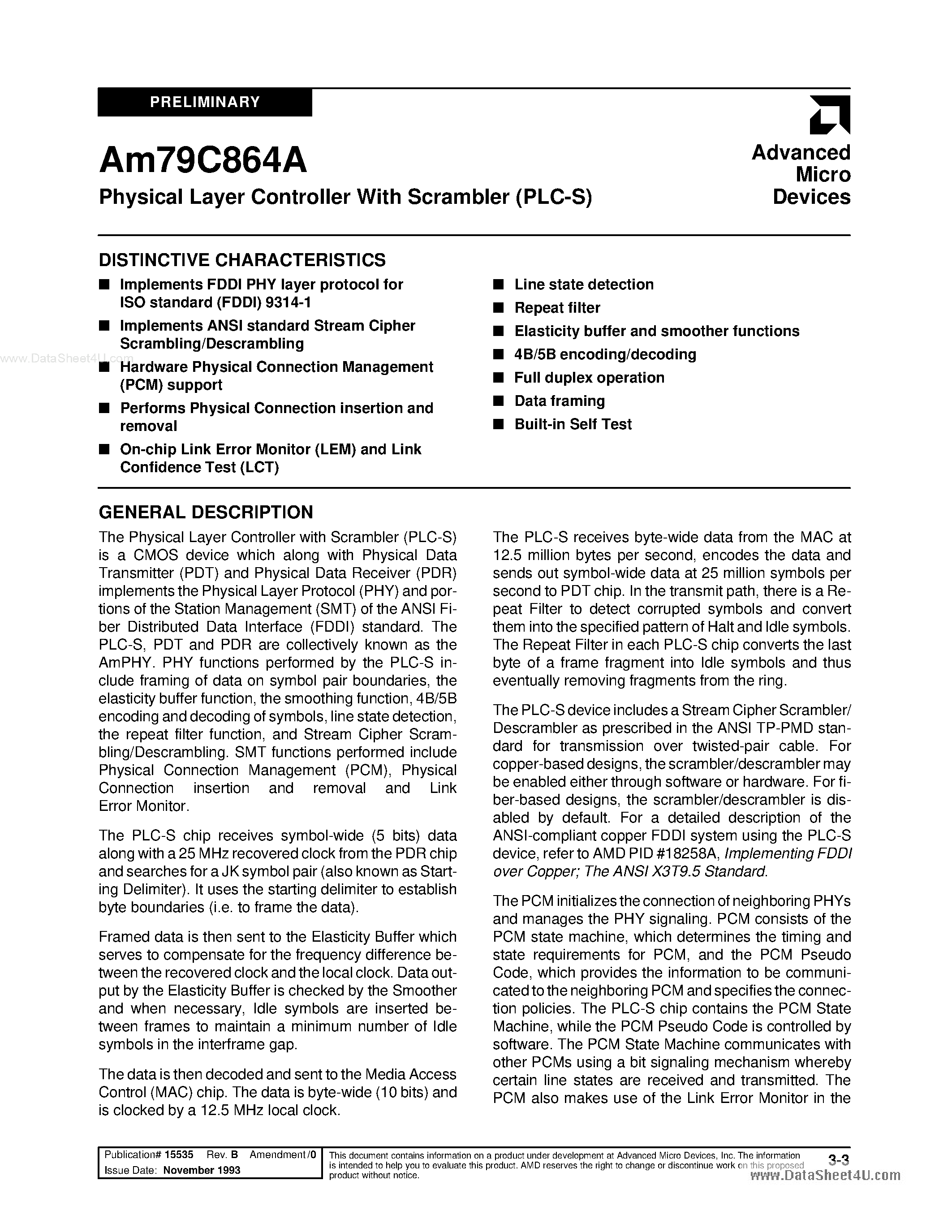 Datasheet AM79C864A page 1 Datasheet AM79C864A - Physical Layer Controller page 1