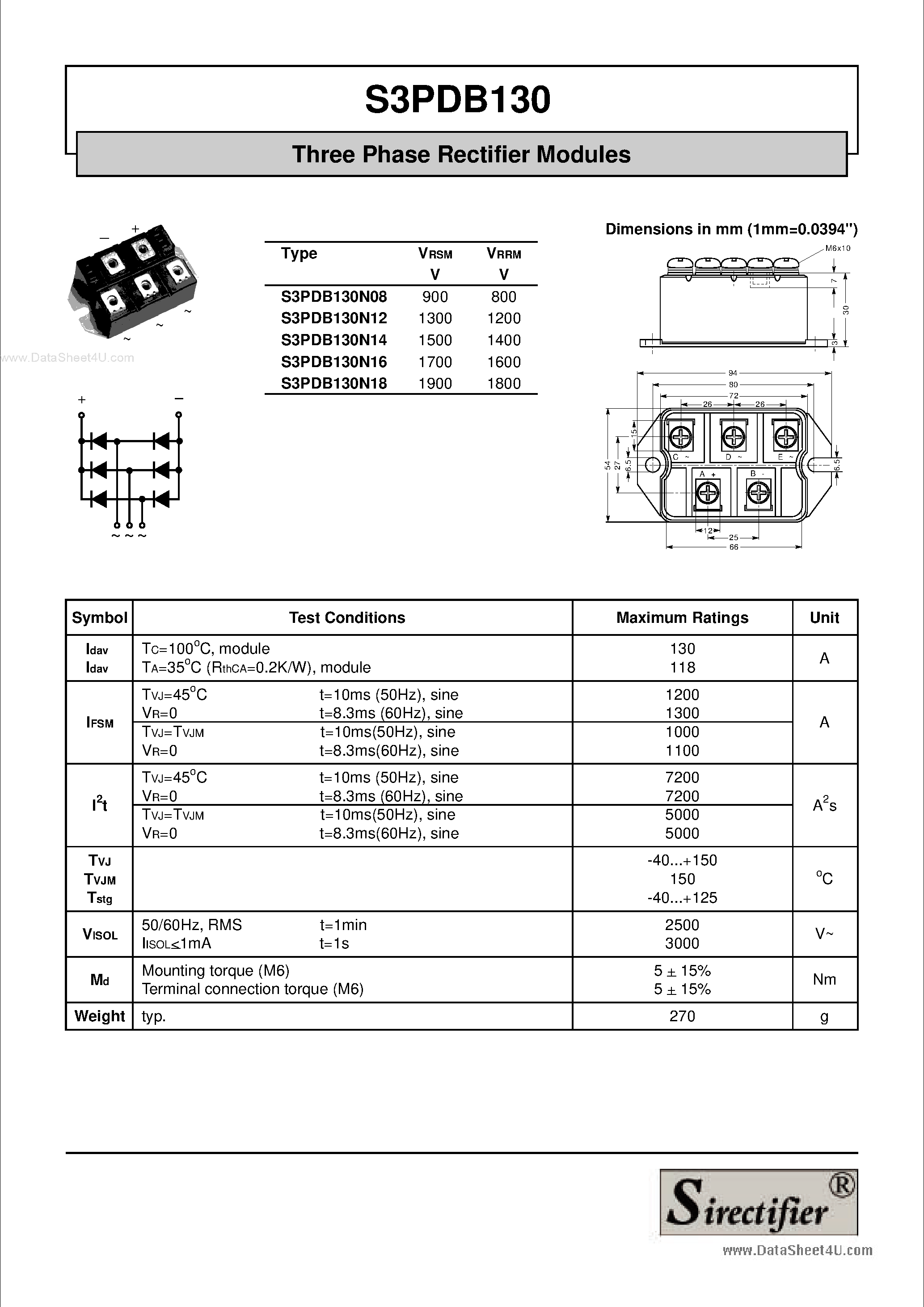 Datasheet S3PDB130 page 1 Datasheet S3PDB130 - Three Phase Rectifier Modules page 1