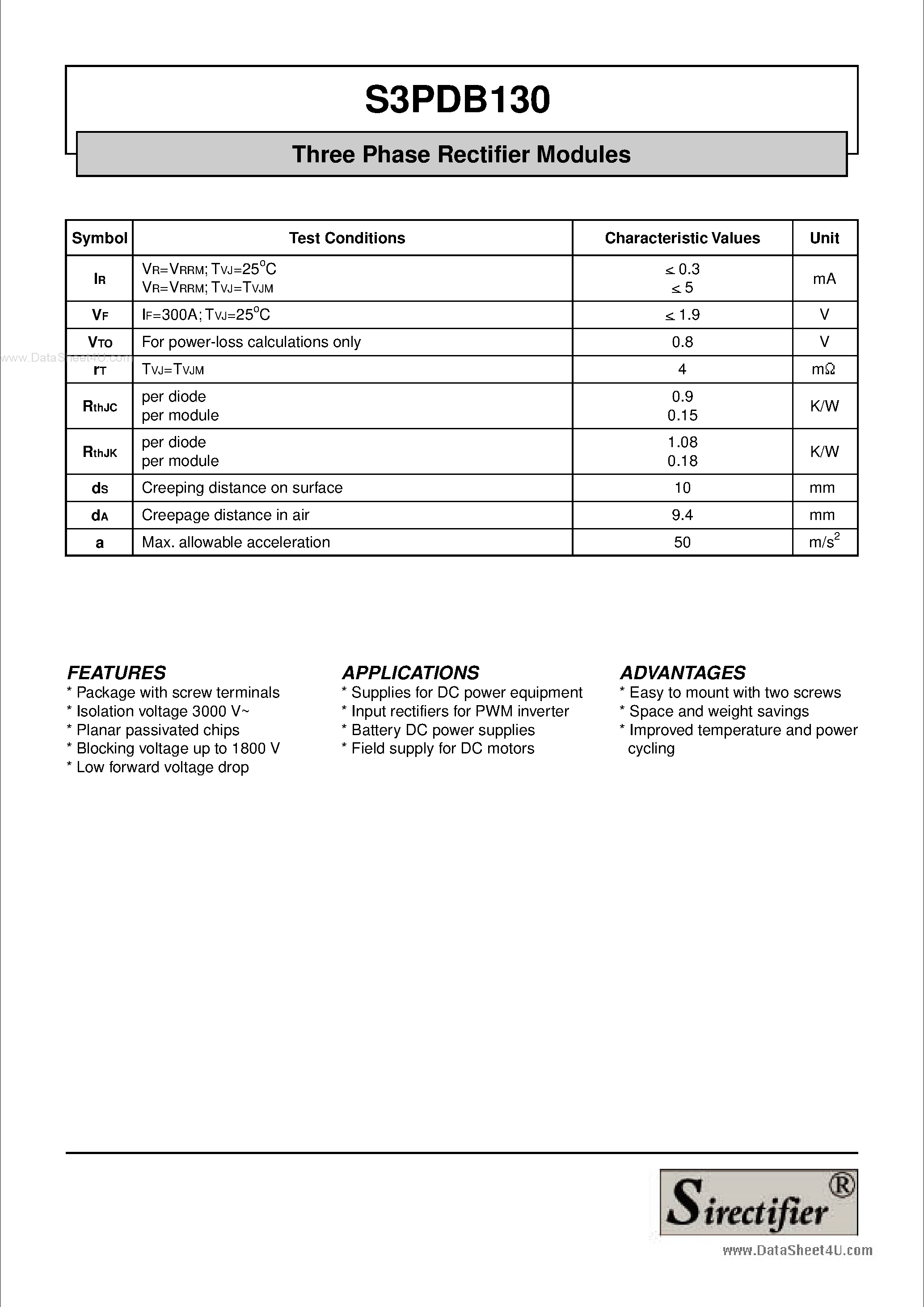 Datasheet S3PDB130 page 2 Datasheet S3PDB130 - Three Phase Rectifier Modules page 2