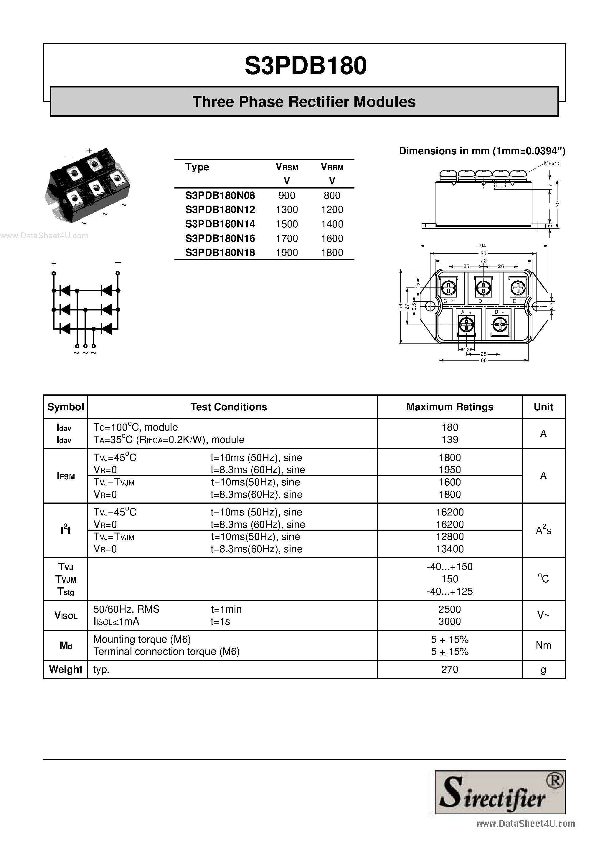 Datasheet S3PDB180 page 1 Datasheet S3PDB180 - Three Phase Rectifier Modules page 1