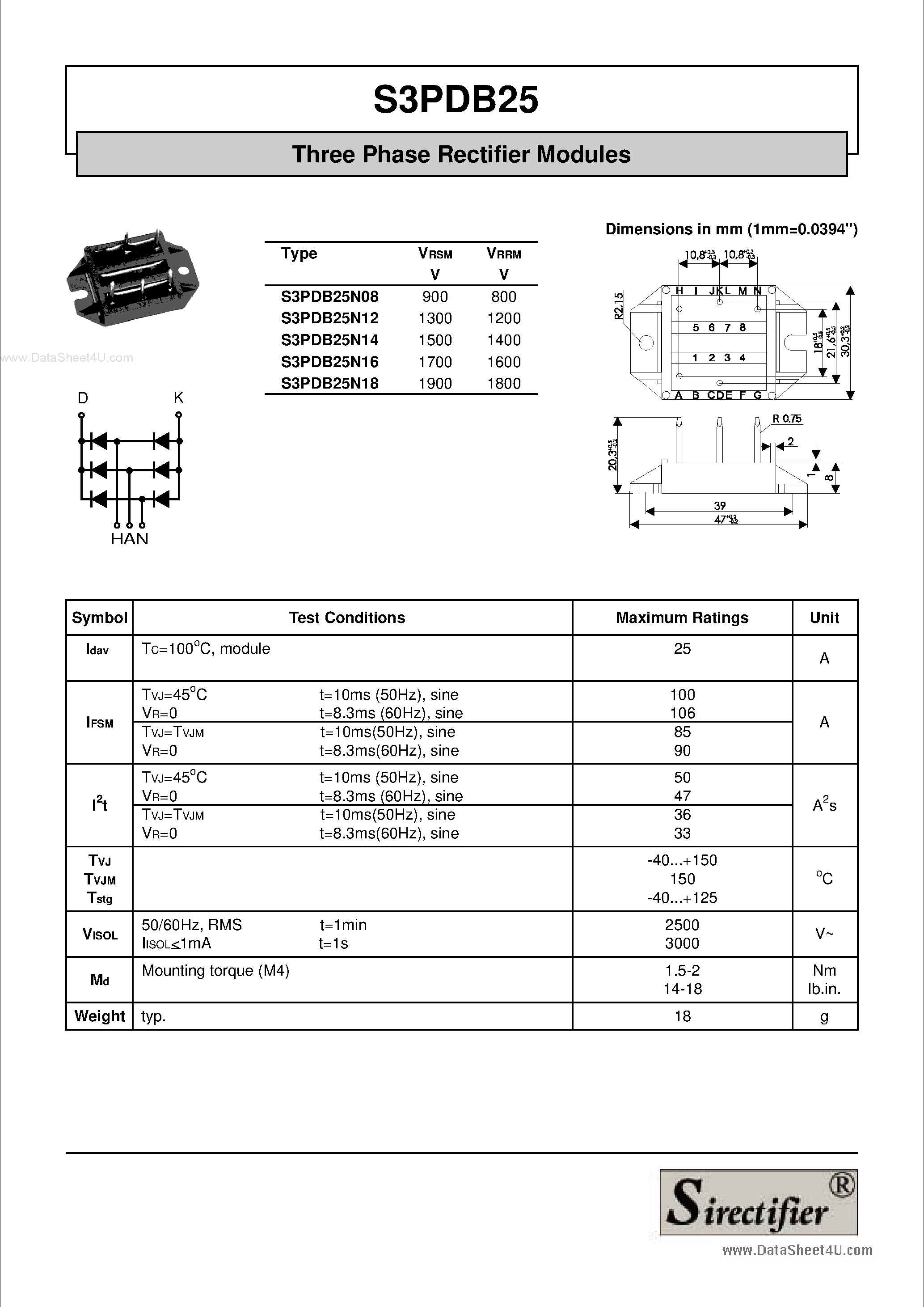 Datasheet S3PDB25 page 1 Datasheet S3PDB25 - Three Phase Rectifier Modules page 1