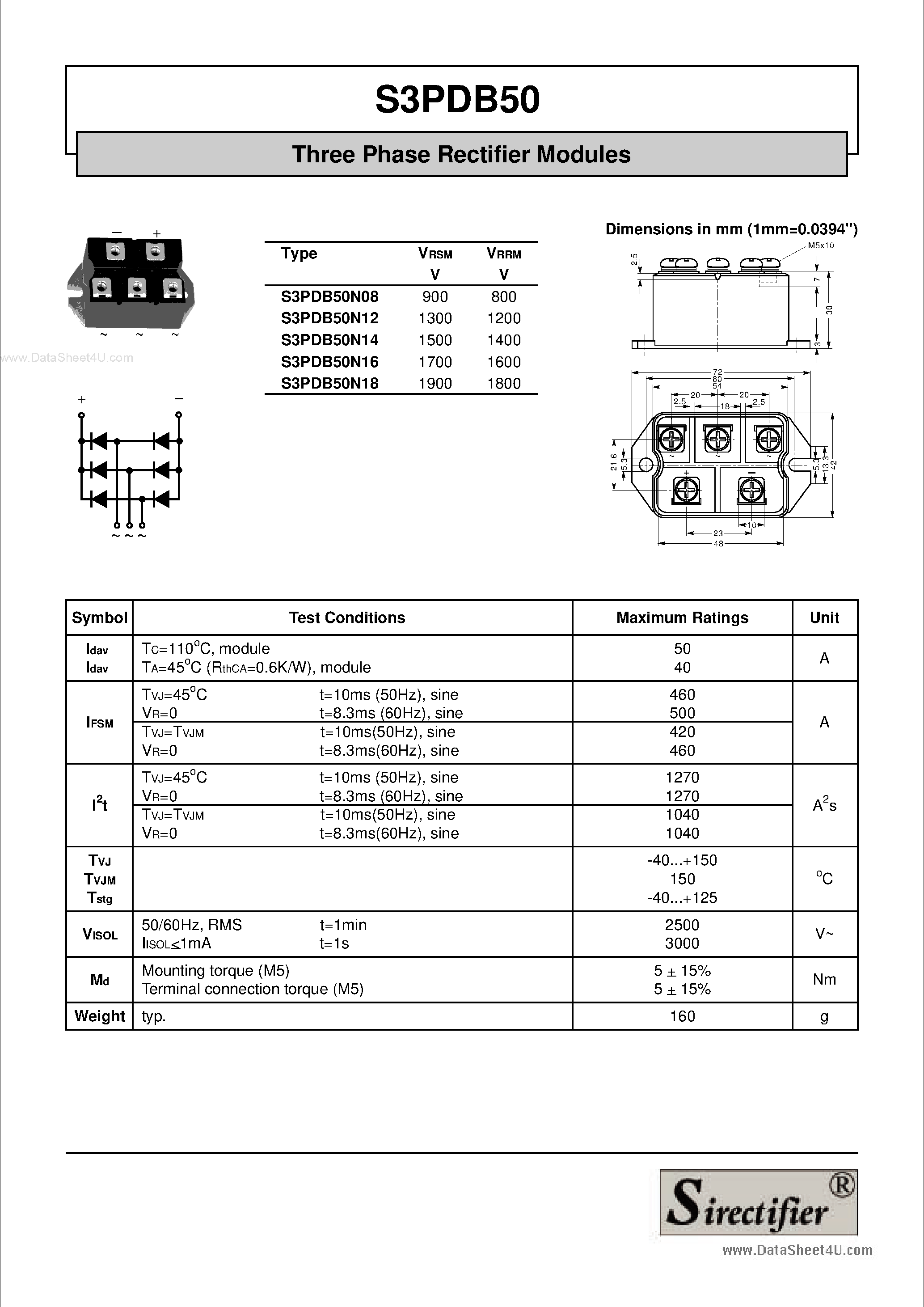 Datasheet S3PDB50 page 1 Datasheet S3PDB50 - Three Phase Rectifier Modules page 1