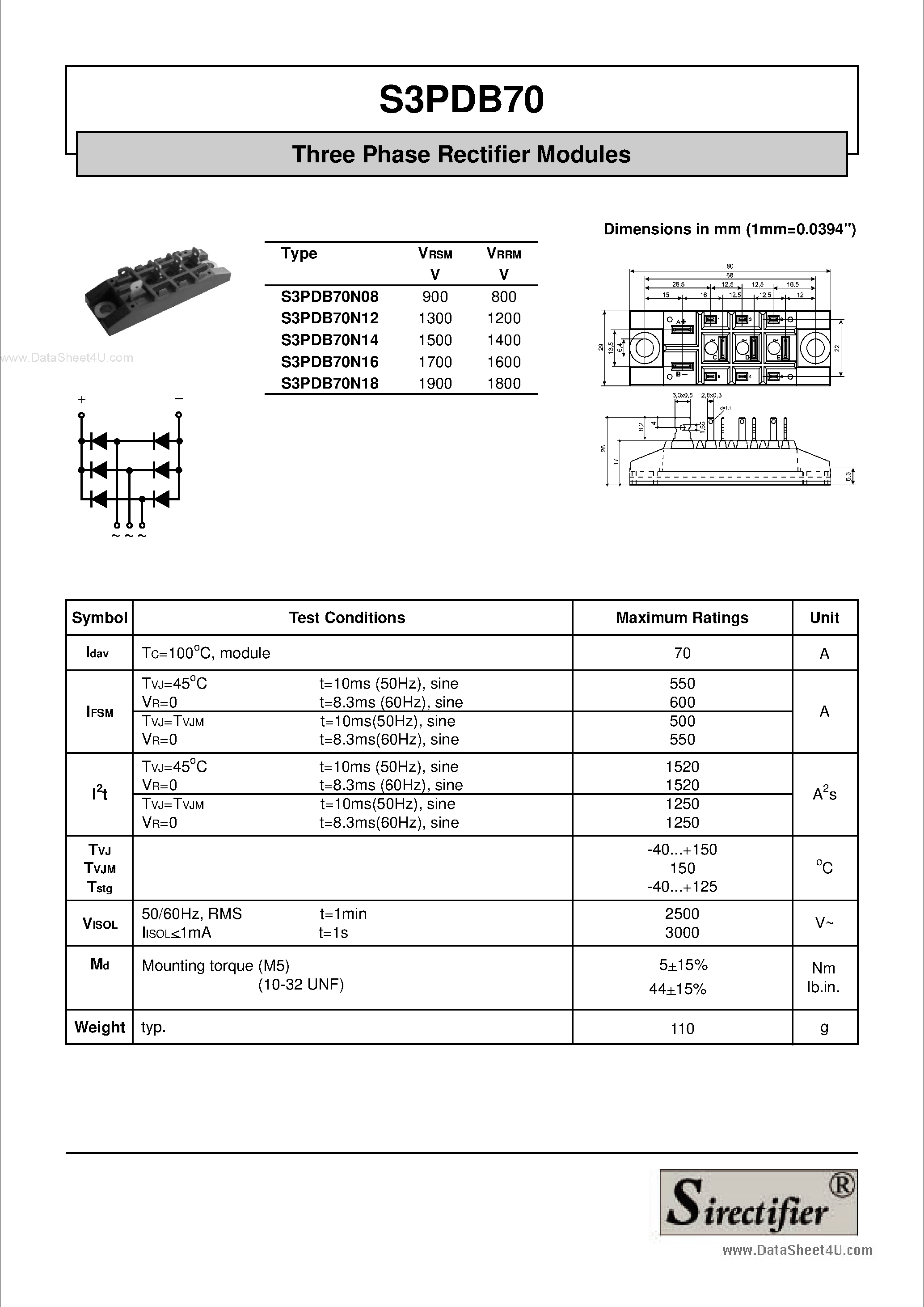 Datasheet S3PDB70 page 1 Datasheet S3PDB70 - Three Phase Rectifier Modules page 1