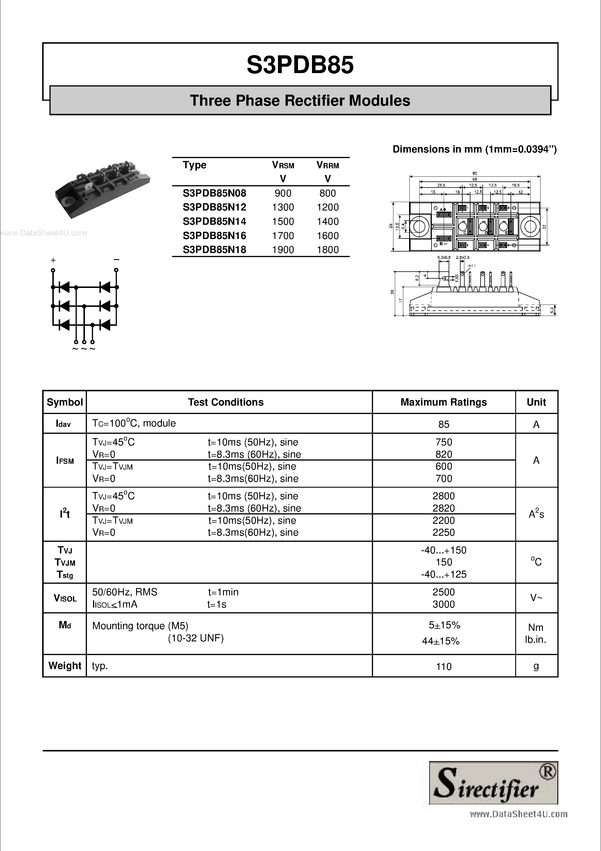 Datasheet S3PDB85 page 1 Datasheet S3PDB85 - Three Phase Rectifier Modules page 1