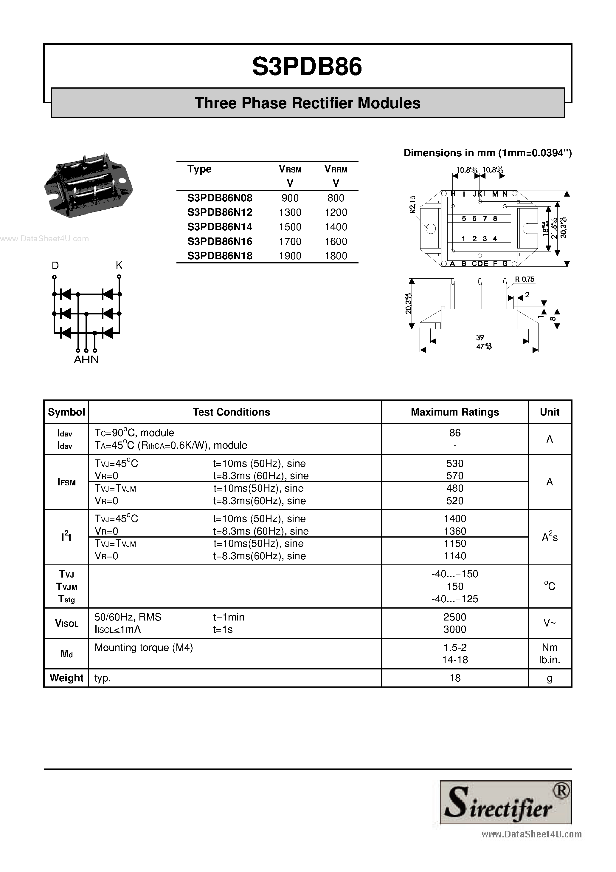Datasheet S3PDB86 page 1 Datasheet S3PDB86 - Three Phase Rectifier Modules page 1