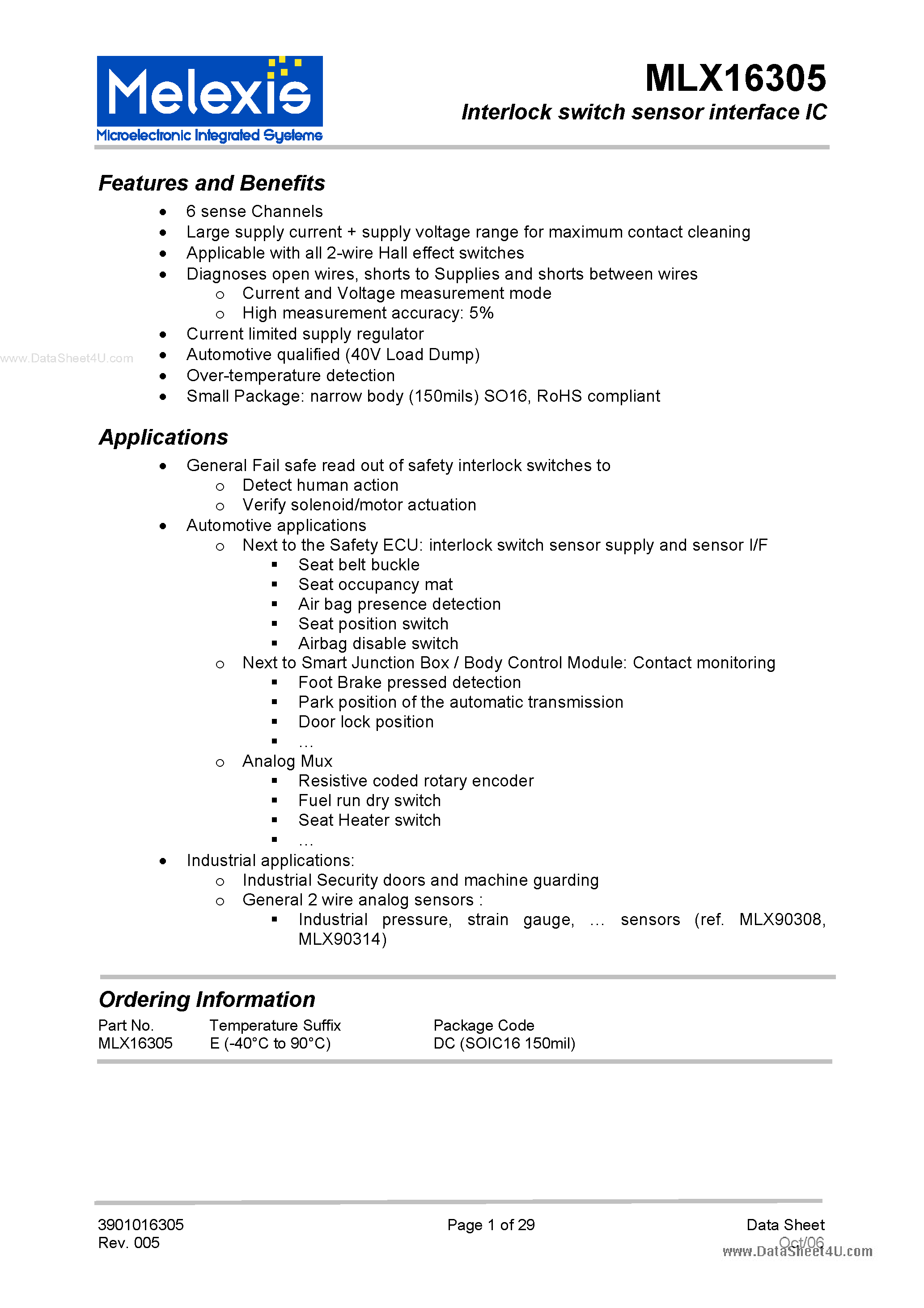 Datasheet MLX16305 page 1 Datasheet MLX16305 - Interlock switch sensor interface IC page 1