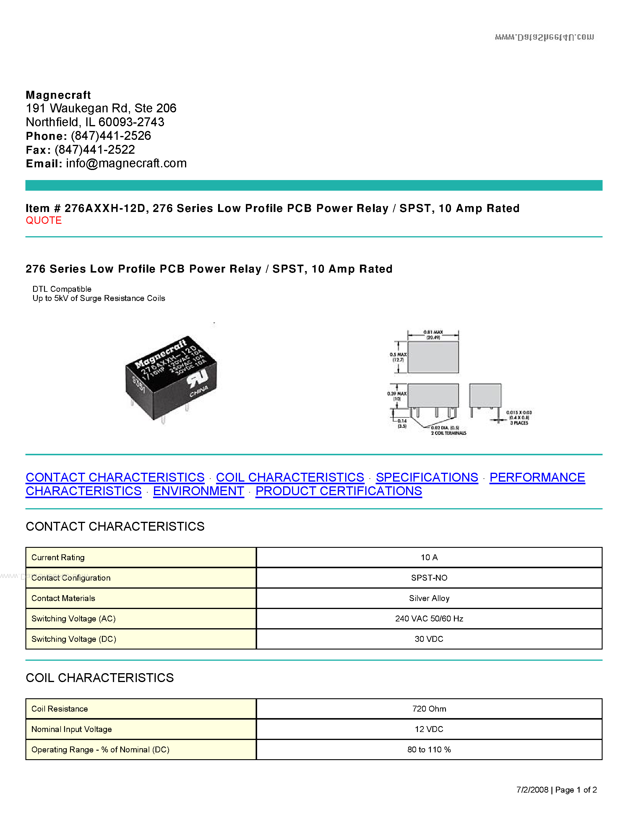 Datasheet 276AXXH-12D page 1 Datasheet 276AXXH-12D - PCB Power Relay page 1