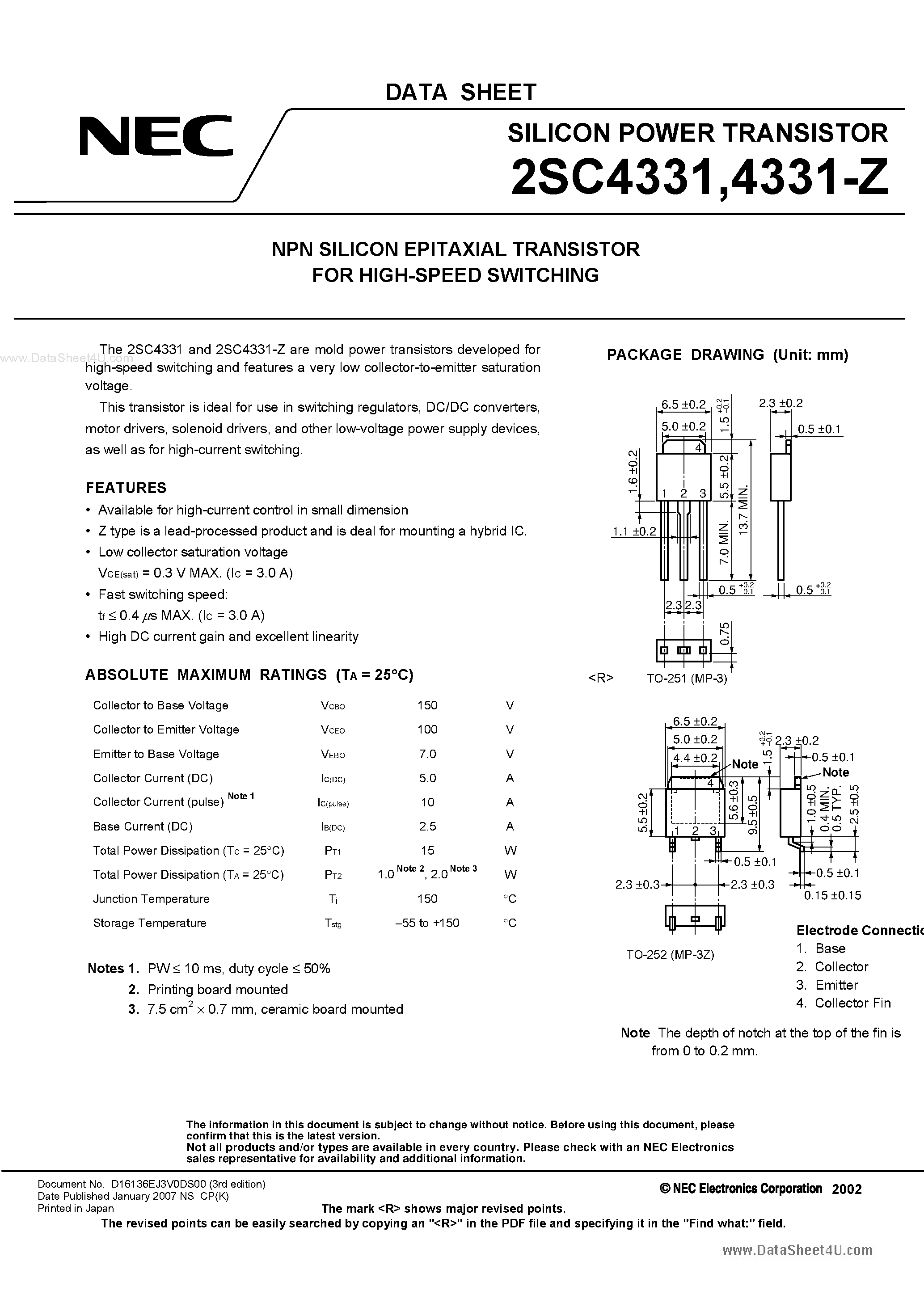 Datasheet 2SC4331 - Silicon Power Transistor page 1