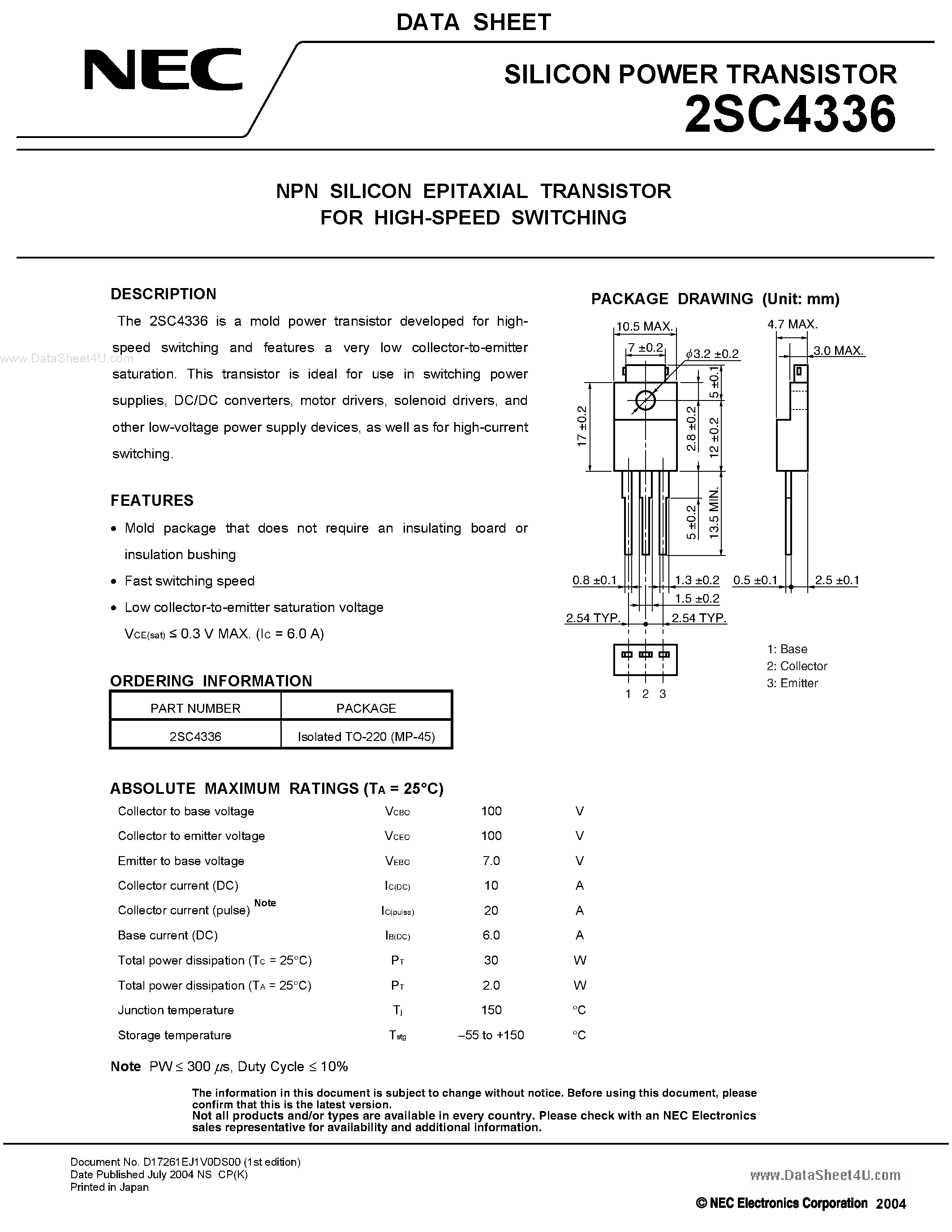 Datasheet 2SC4336 - NPN SILICON EPITAXIAL TRANSISTOR page 1