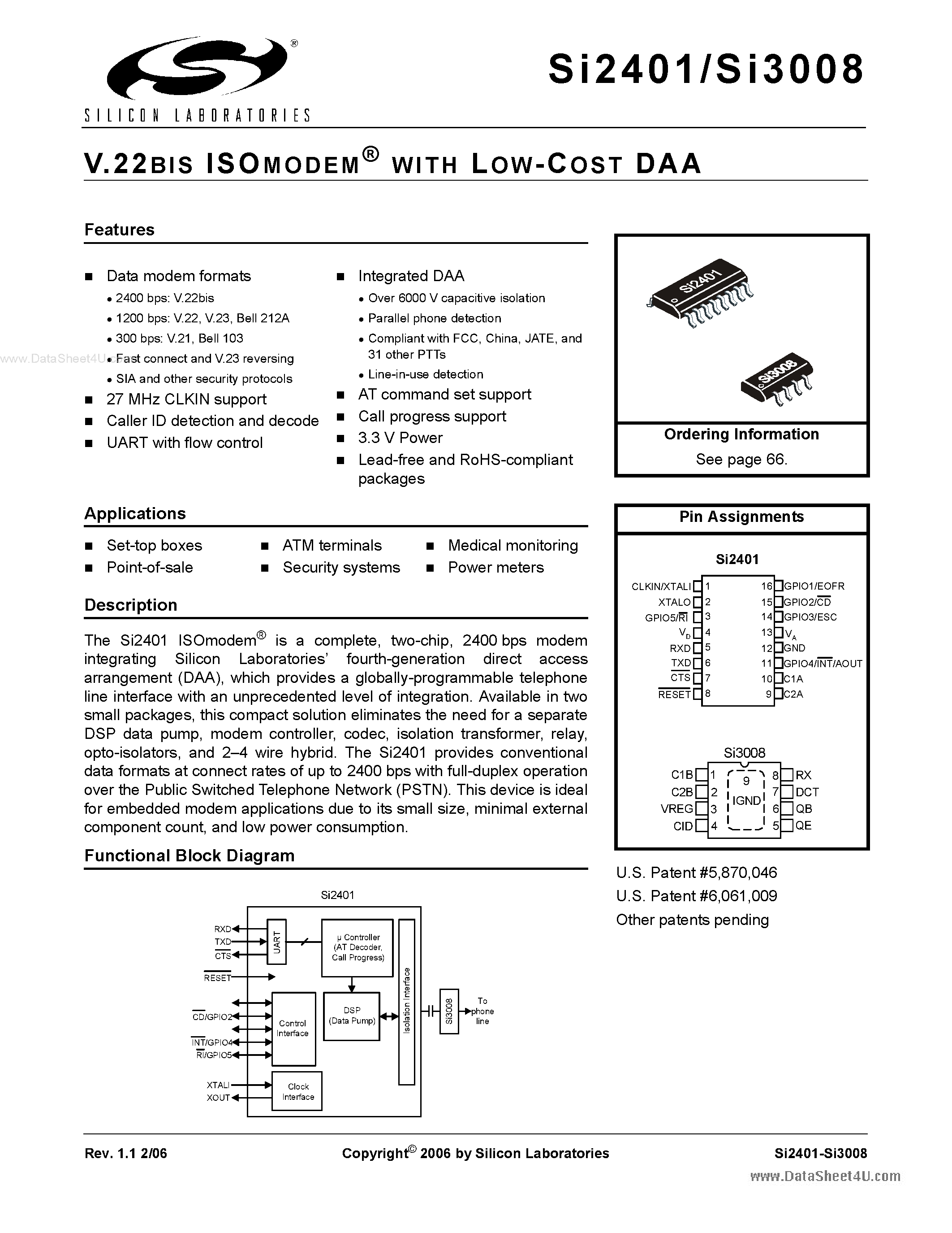 Даташит SI3008 - V.22BIS ISOMODEM страница 1